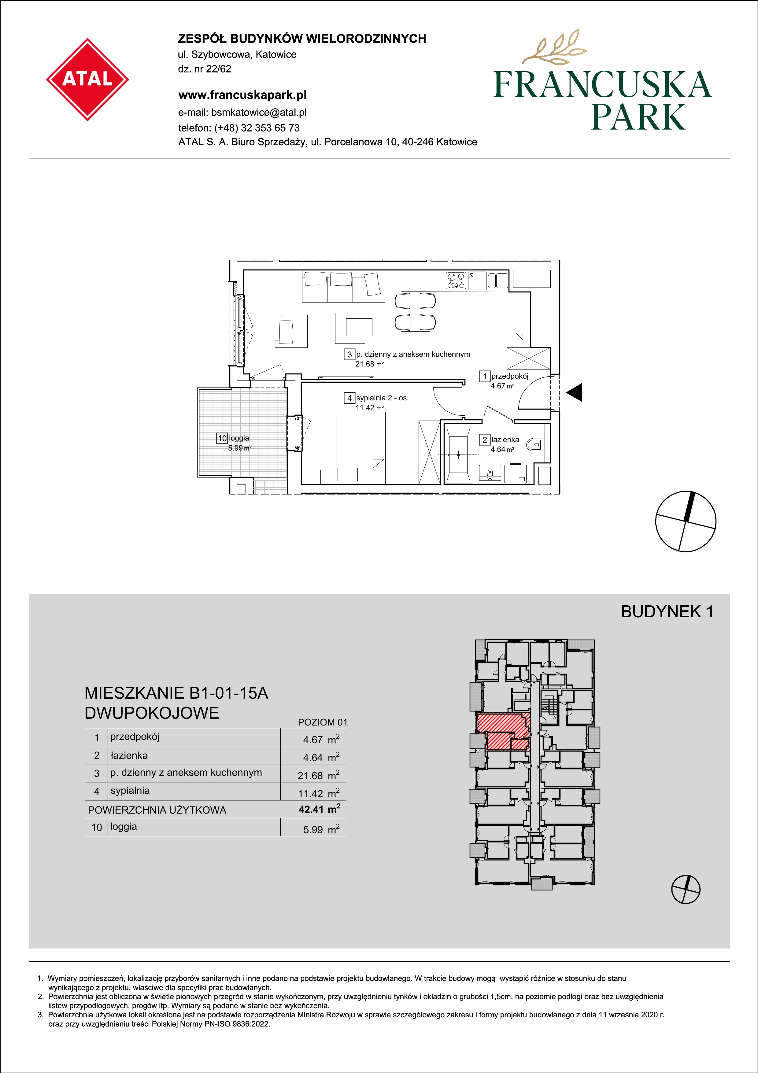 Mieszkanie 42,41 m², piętro 1, oferta nr B1-01-15A, Francuska Park, Katowice, Osiedle Paderewskiego-Muchowiec, Muchowiec, ul. Szybowcowa