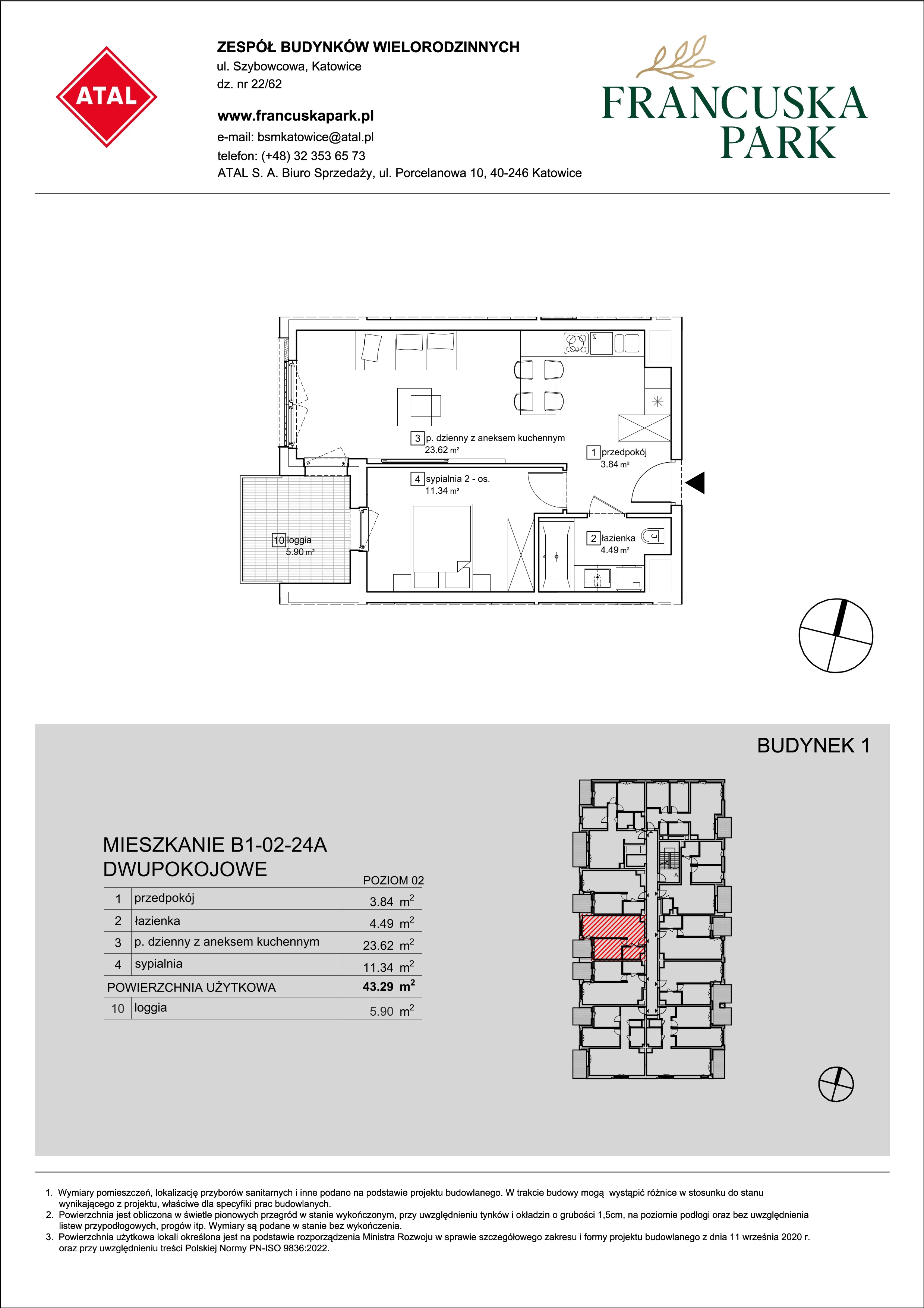 Mieszkanie 43,29 m², piętro 2, oferta nr B1-02-24A, Francuska Park, Katowice, Osiedle Paderewskiego-Muchowiec, Muchowiec, ul. Szybowcowa