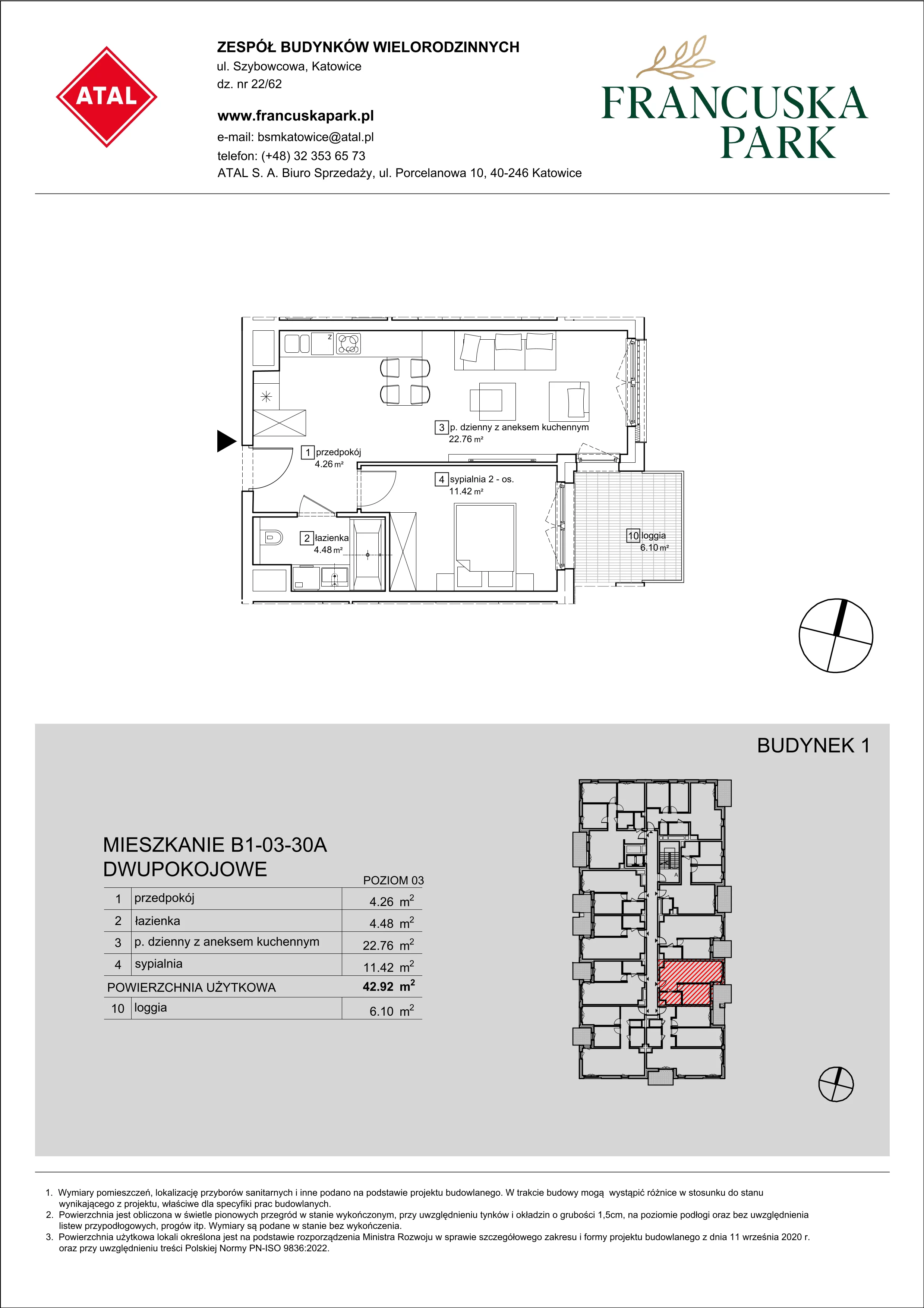 Mieszkanie 42,92 m², piętro 3, oferta nr B1-03-30A, Francuska Park, Katowice, Osiedle Paderewskiego-Muchowiec, Muchowiec, ul. Szybowcowa