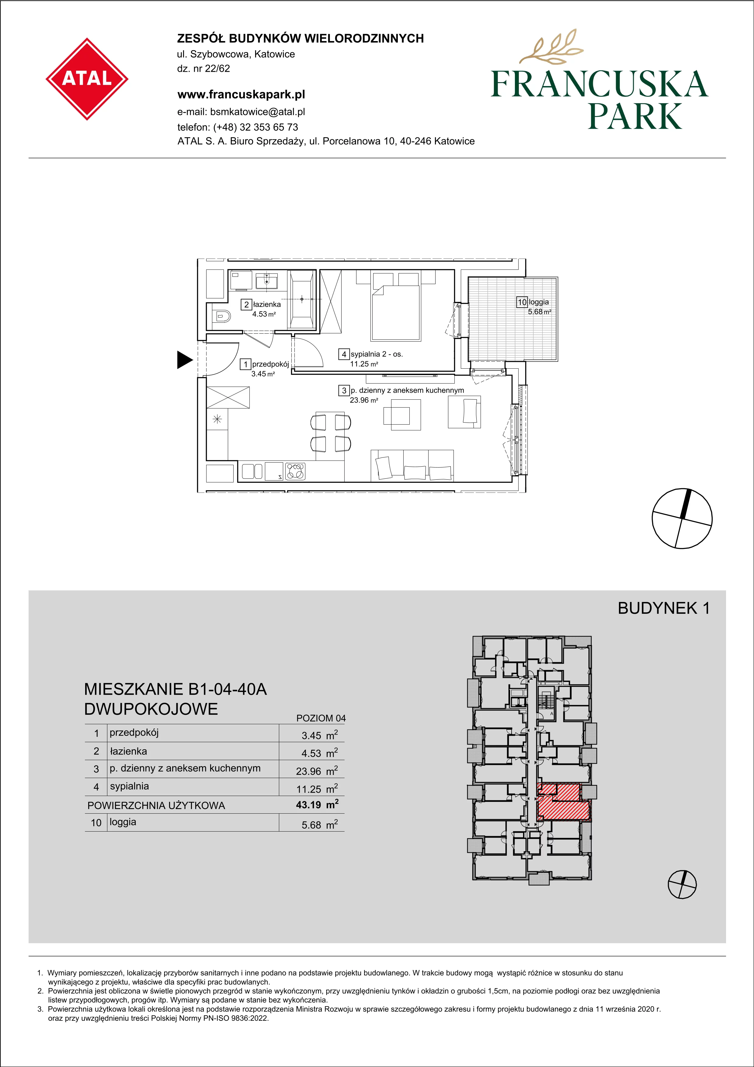 Mieszkanie 43,19 m², piętro 4, oferta nr B1-04-40A, Francuska Park, Katowice, Osiedle Paderewskiego-Muchowiec, Muchowiec, ul. Szybowcowa