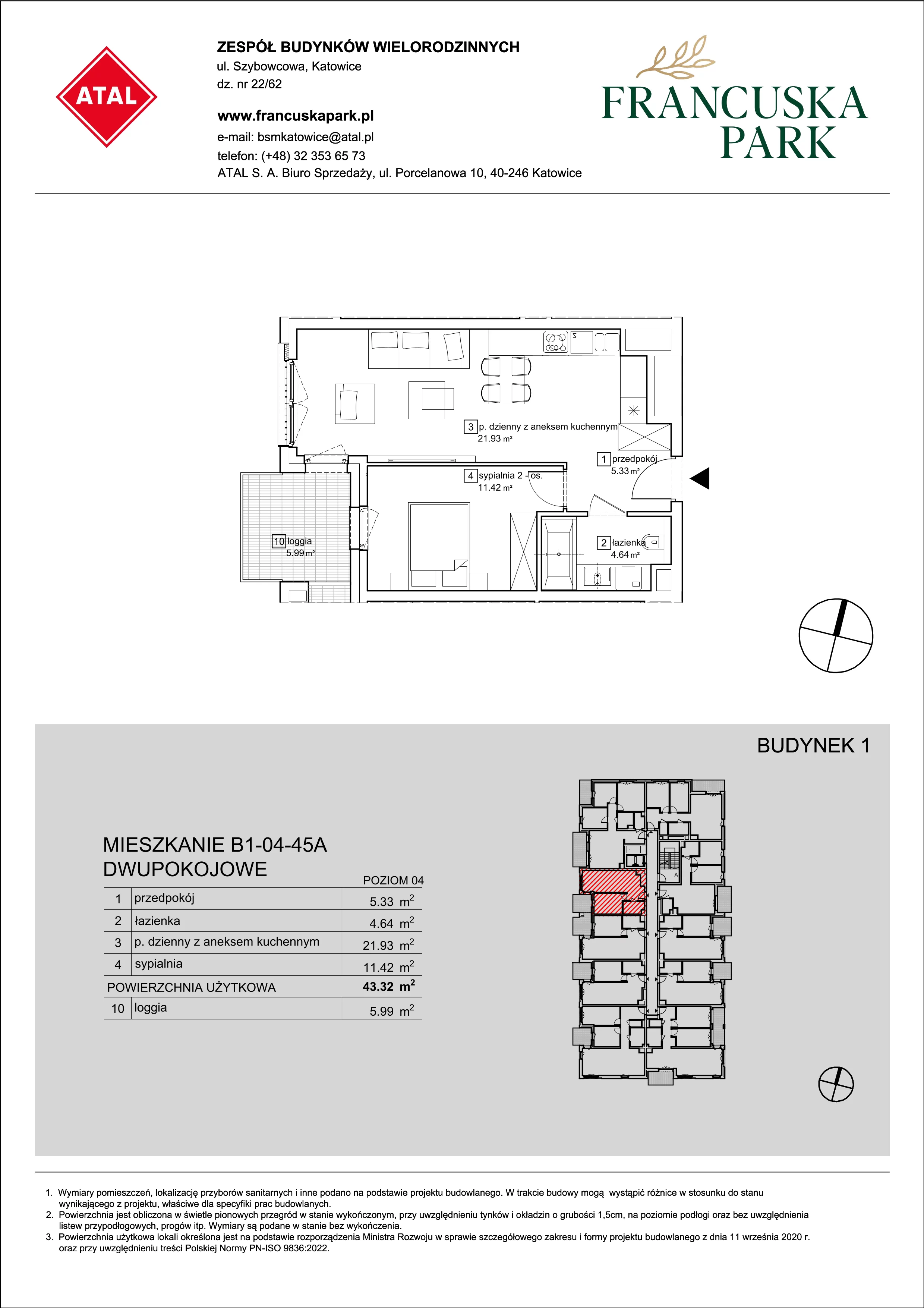 Mieszkanie 43,32 m², piętro 4, oferta nr B1-04-45A, Francuska Park, Katowice, Osiedle Paderewskiego-Muchowiec, Muchowiec, ul. Szybowcowa