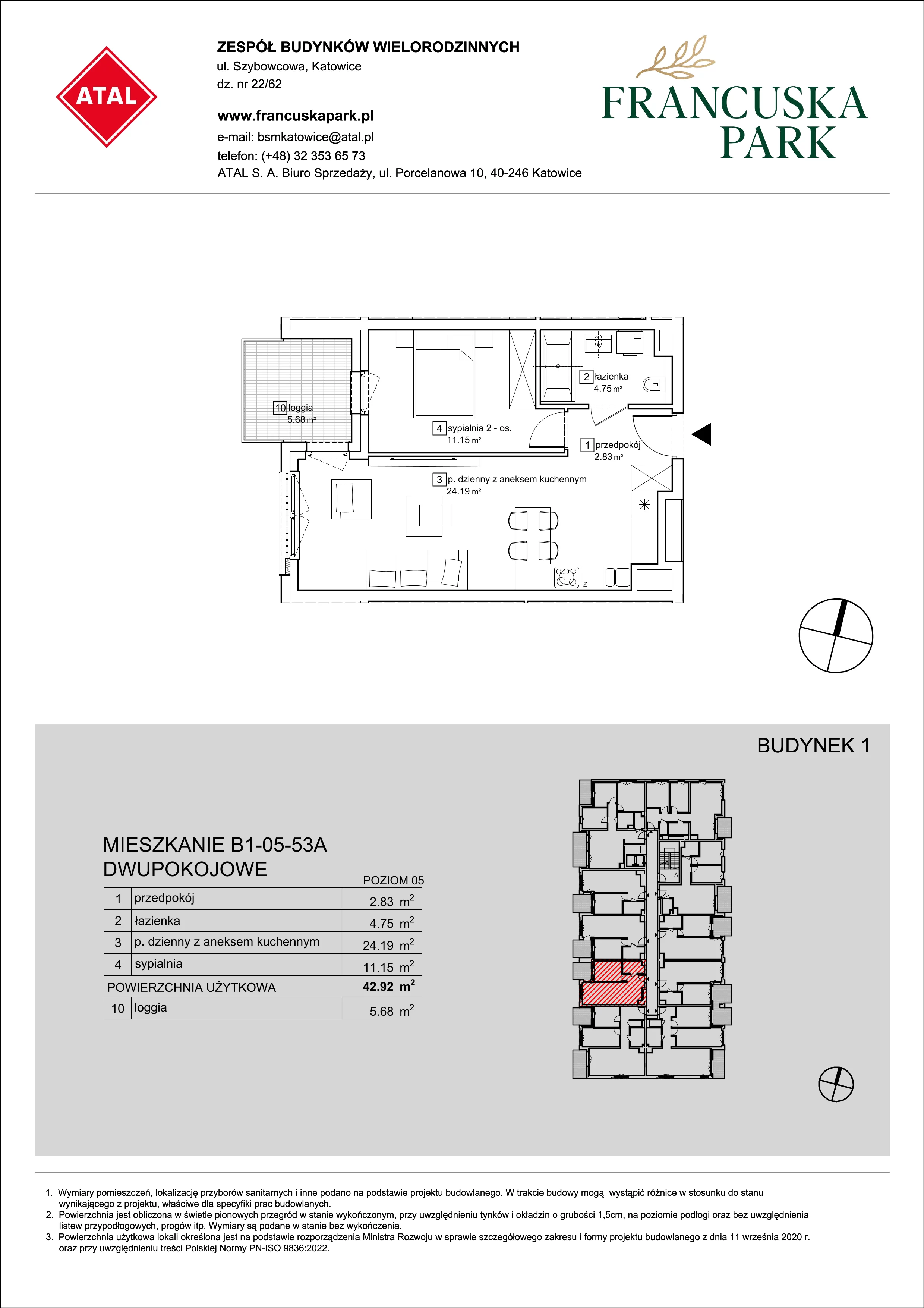 Mieszkanie 42,92 m², piętro 5, oferta nr B1-05-53A, Francuska Park, Katowice, Osiedle Paderewskiego-Muchowiec, Muchowiec, ul. Szybowcowa