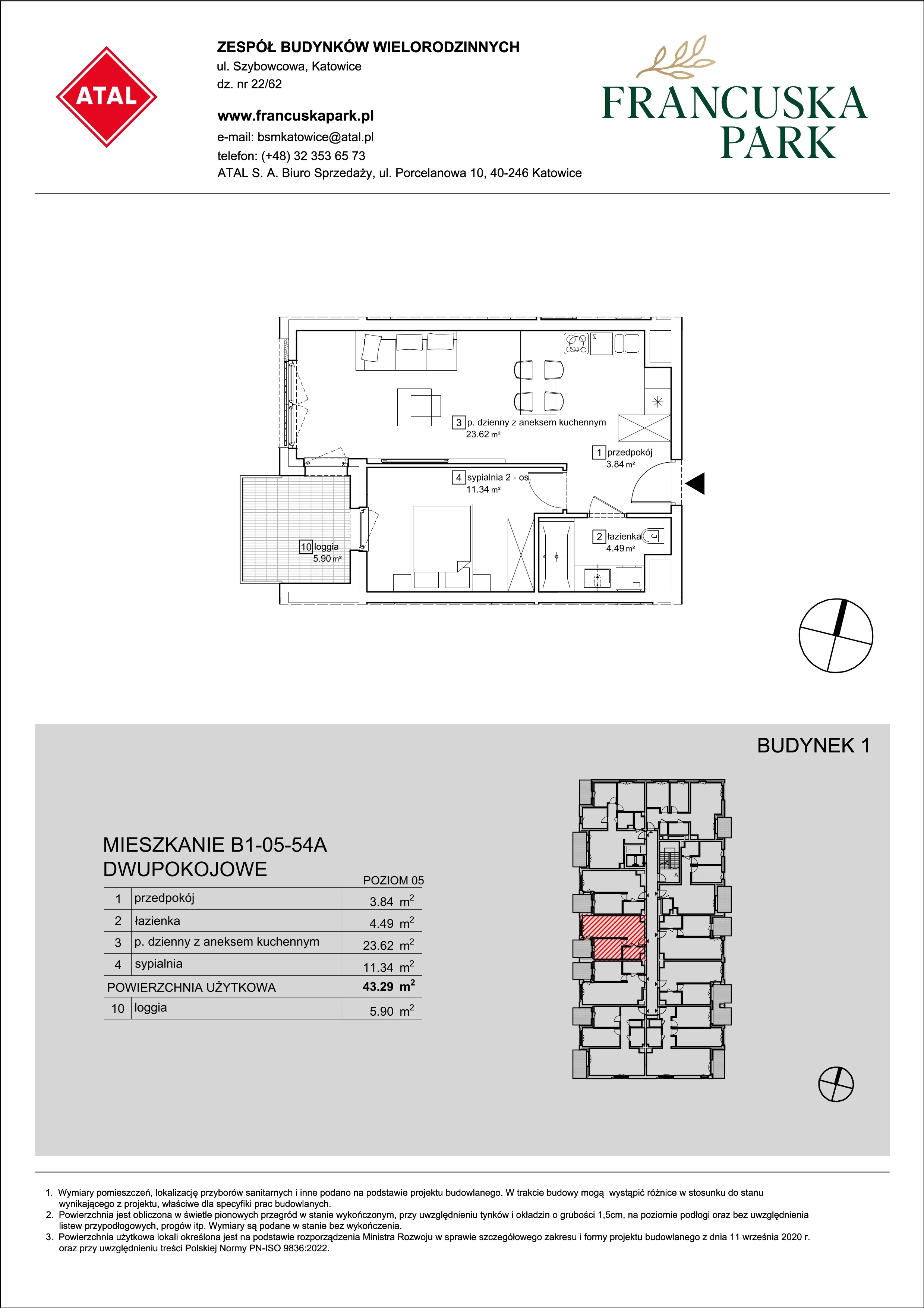 Mieszkanie 43,29 m², piętro 5, oferta nr B1-05-54A, Francuska Park, Katowice, Osiedle Paderewskiego-Muchowiec, Muchowiec, ul. Szybowcowa