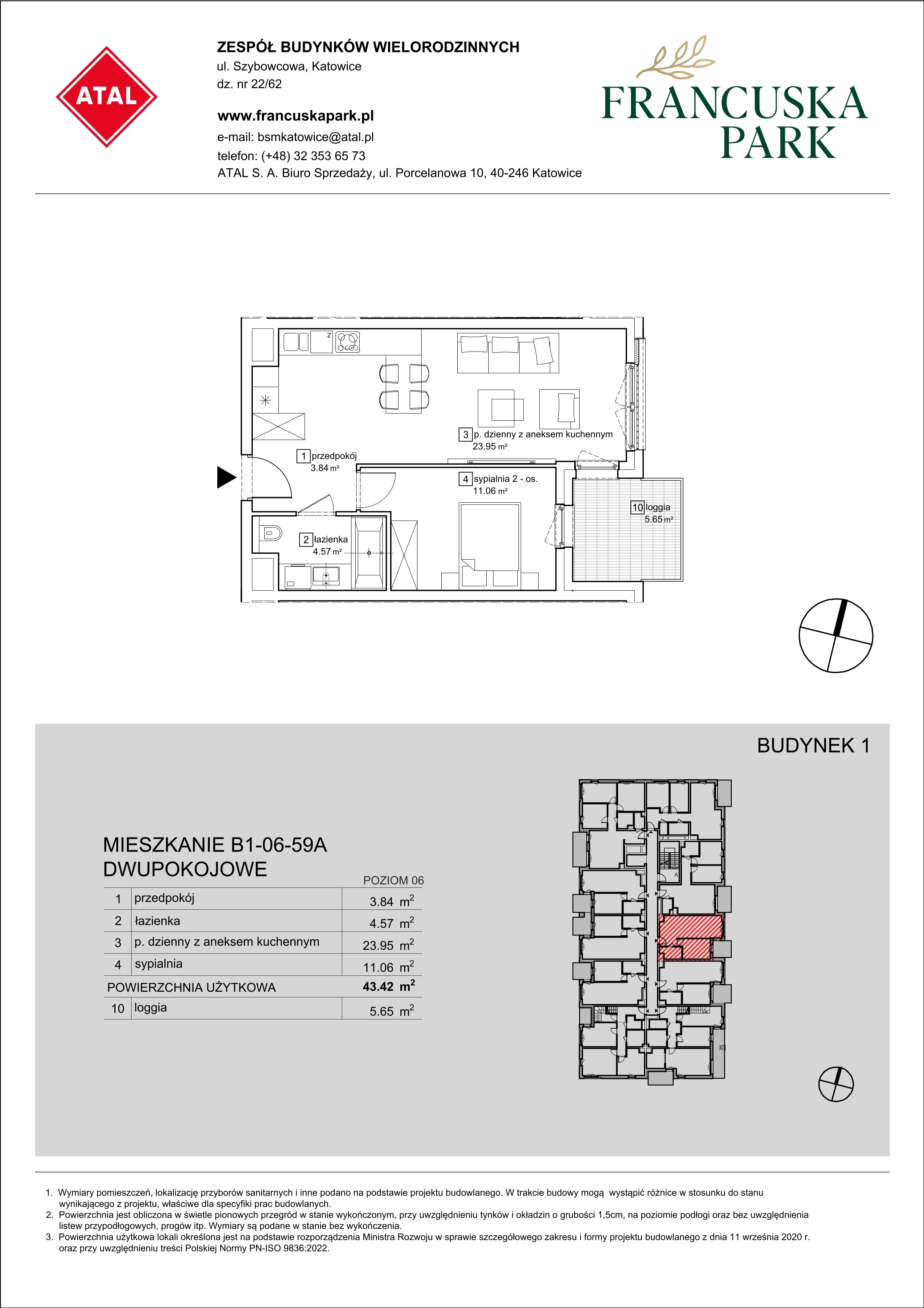 Mieszkanie 43,42 m², piętro 6, oferta nr B1-06-59A, Francuska Park, Katowice, Osiedle Paderewskiego-Muchowiec, Muchowiec, ul. Szybowcowa