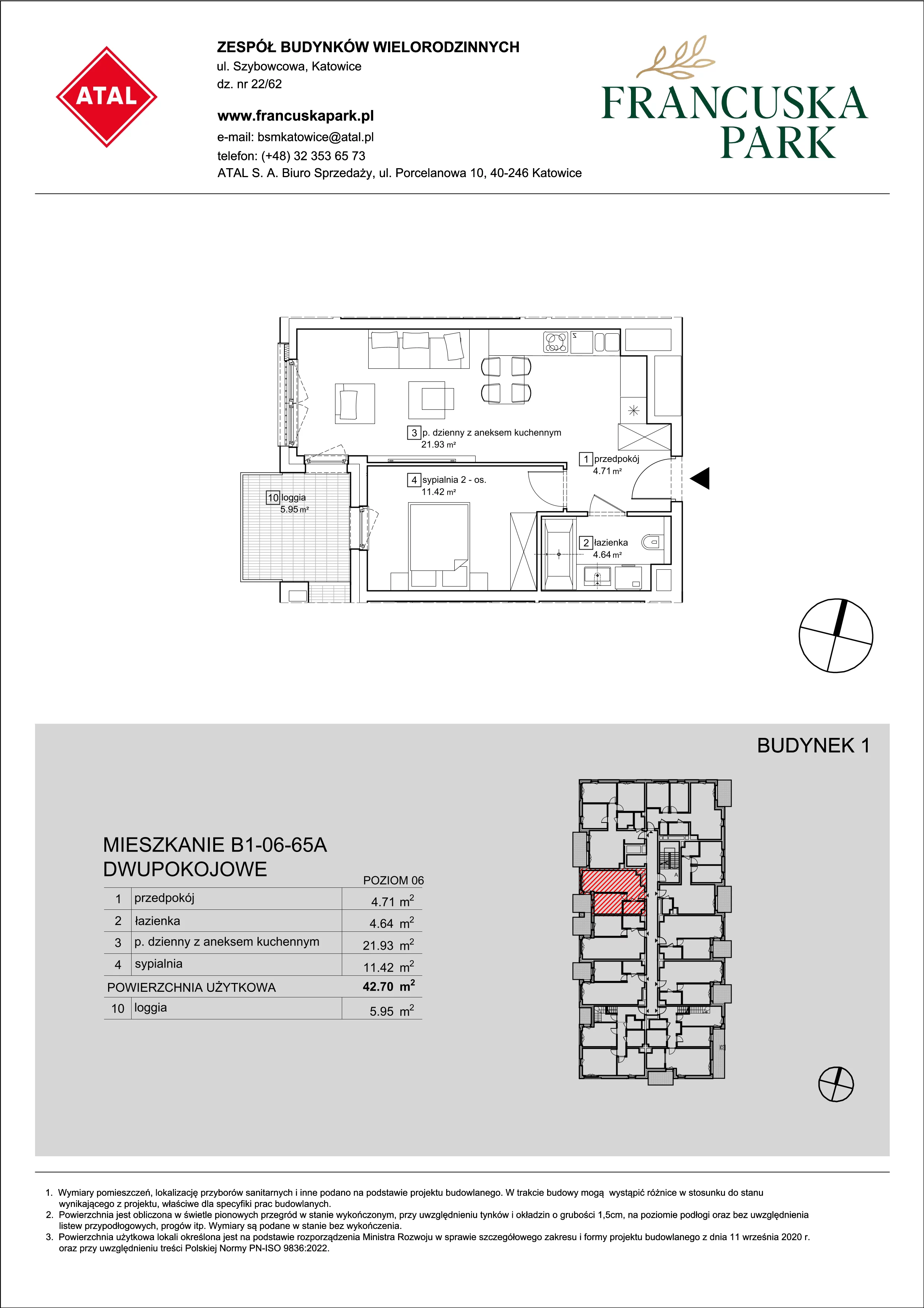 Mieszkanie 42,70 m², piętro 6, oferta nr B1-06-65A, Francuska Park, Katowice, Osiedle Paderewskiego-Muchowiec, Muchowiec, ul. Szybowcowa