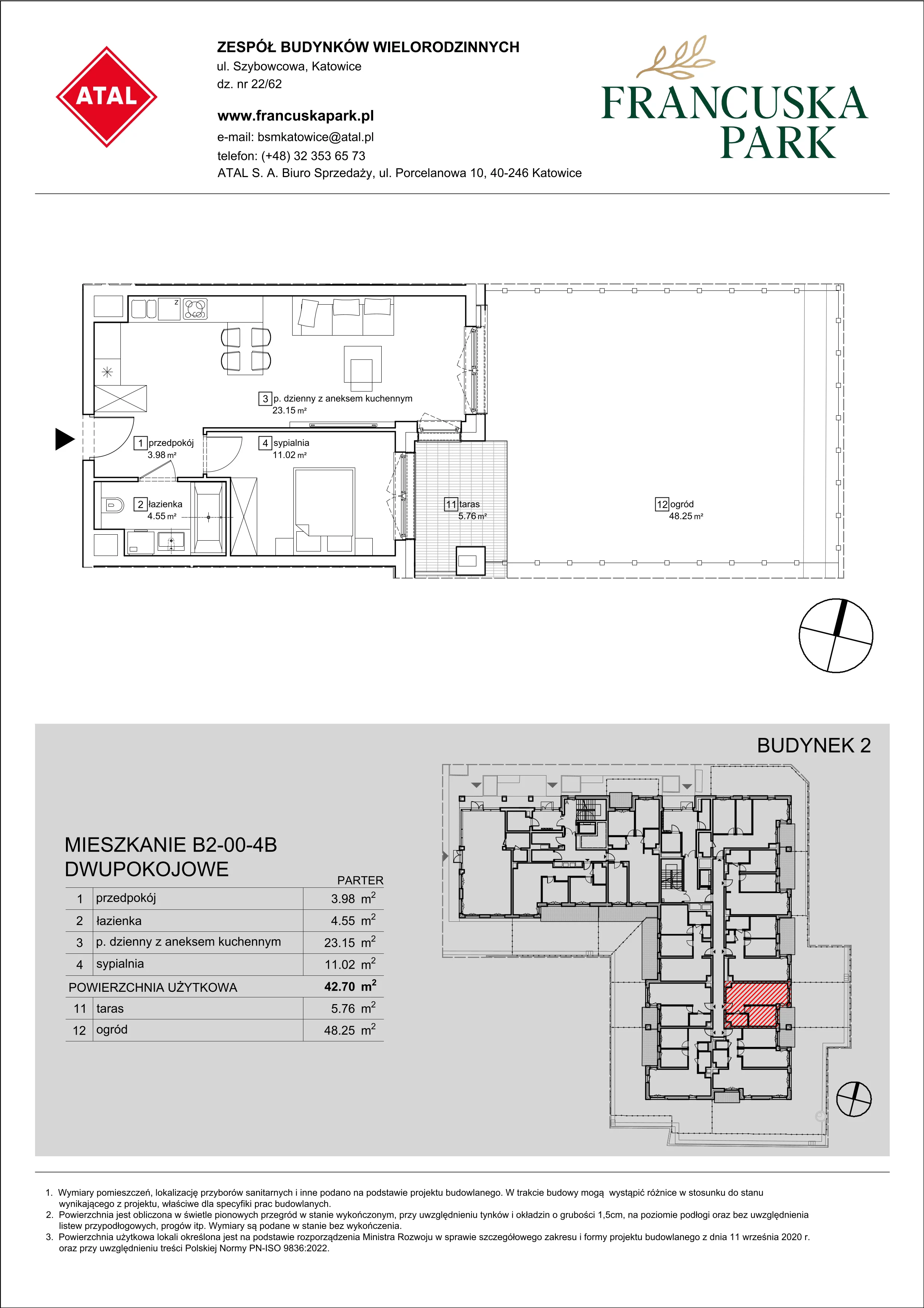 Mieszkanie 42,70 m², parter, oferta nr B2-00-4B, Francuska Park, Katowice, Osiedle Paderewskiego-Muchowiec, Muchowiec, ul. Szybowcowa