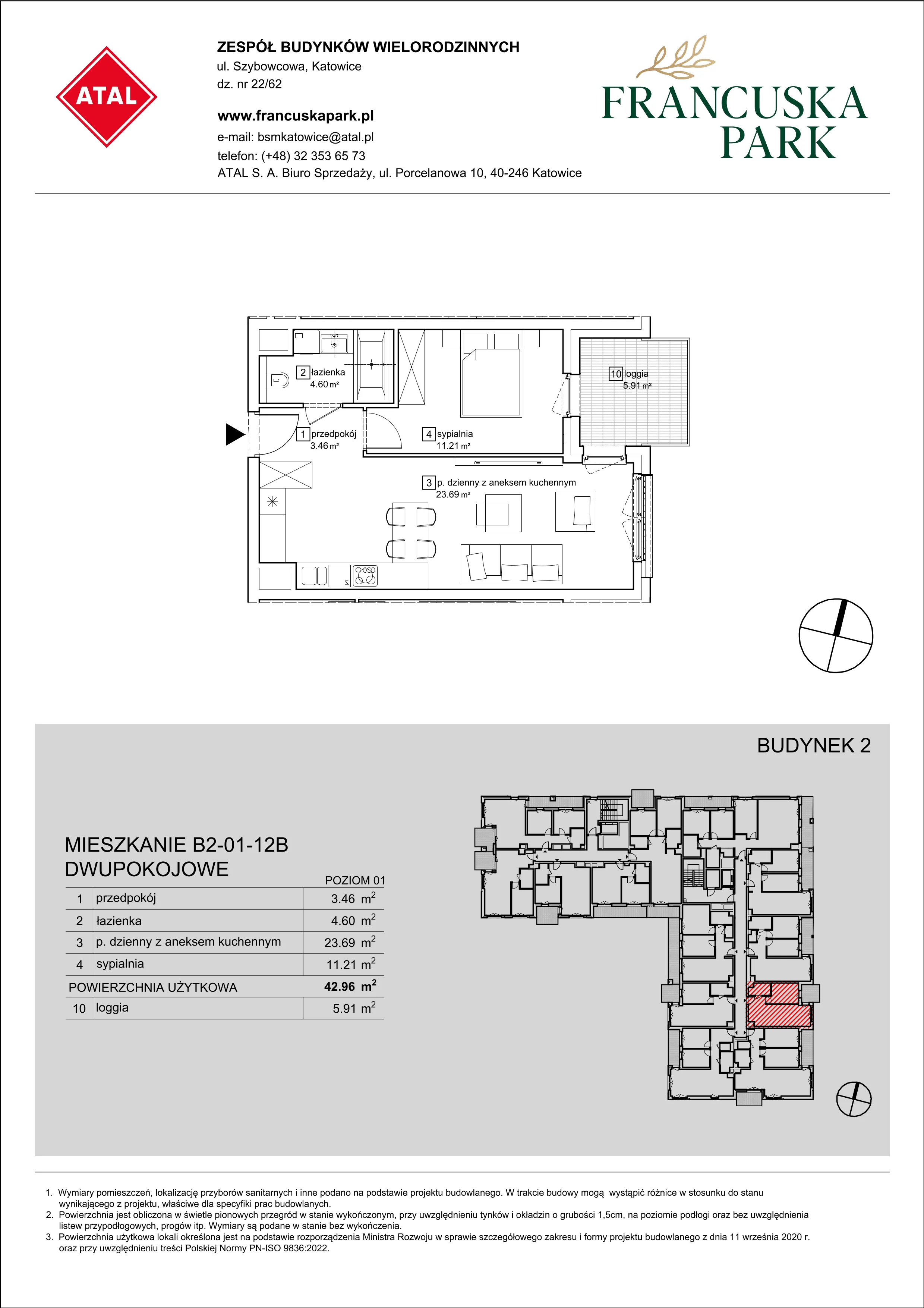 Mieszkanie 42,96 m², piętro 1, oferta nr B2-01-12B, Francuska Park, Katowice, Osiedle Paderewskiego-Muchowiec, Muchowiec, ul. Szybowcowa