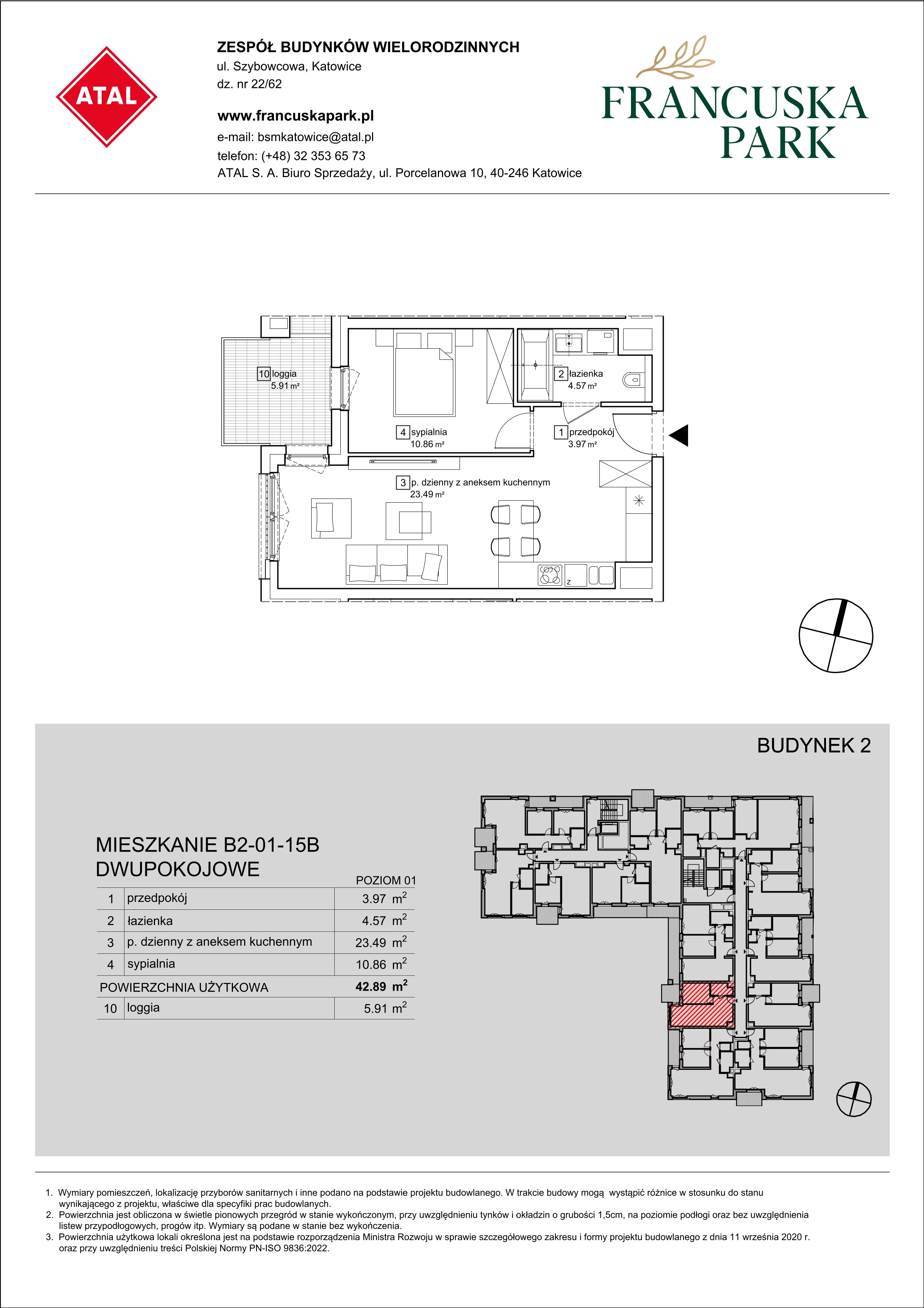 Mieszkanie 43,89 m², piętro 1, oferta nr B2-01-15B, Francuska Park, Katowice, Osiedle Paderewskiego-Muchowiec, Muchowiec, ul. Szybowcowa