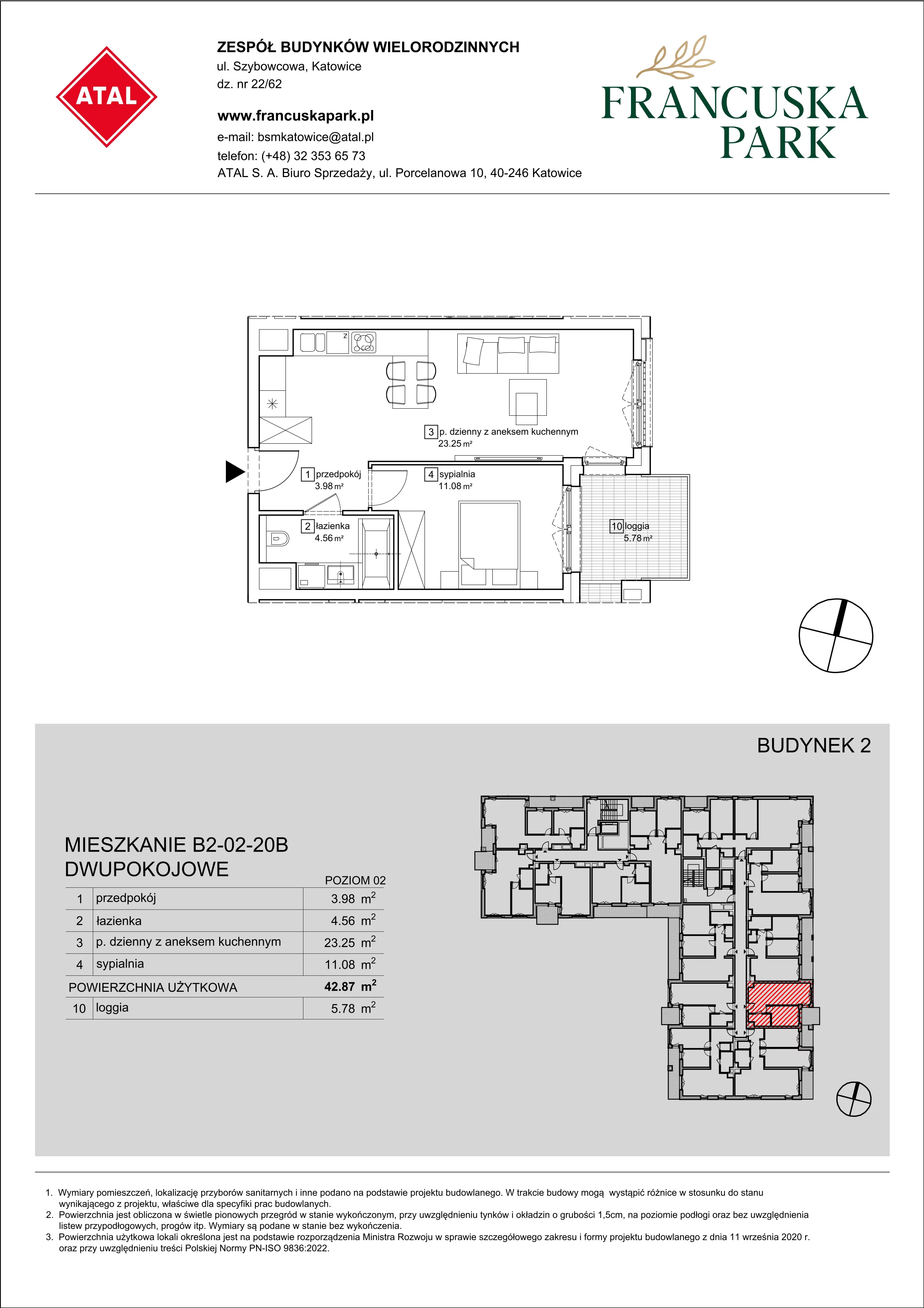 Mieszkanie 42,87 m², piętro 2, oferta nr B2-02-20B, Francuska Park, Katowice, Osiedle Paderewskiego-Muchowiec, Muchowiec, ul. Szybowcowa