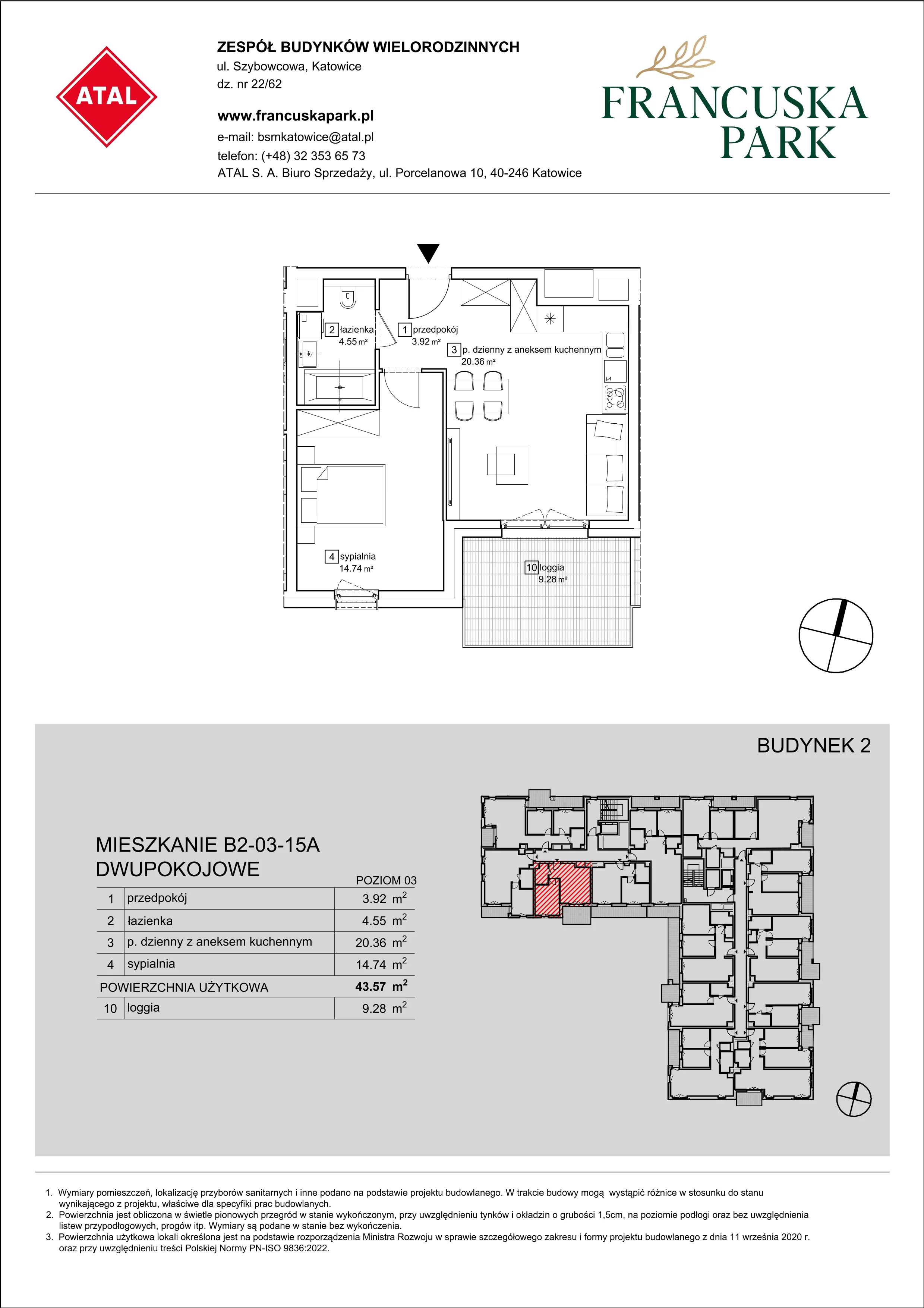 Mieszkanie 43,57 m², piętro 3, oferta nr B2-03-15A, Francuska Park, Katowice, Osiedle Paderewskiego-Muchowiec, Muchowiec, ul. Szybowcowa