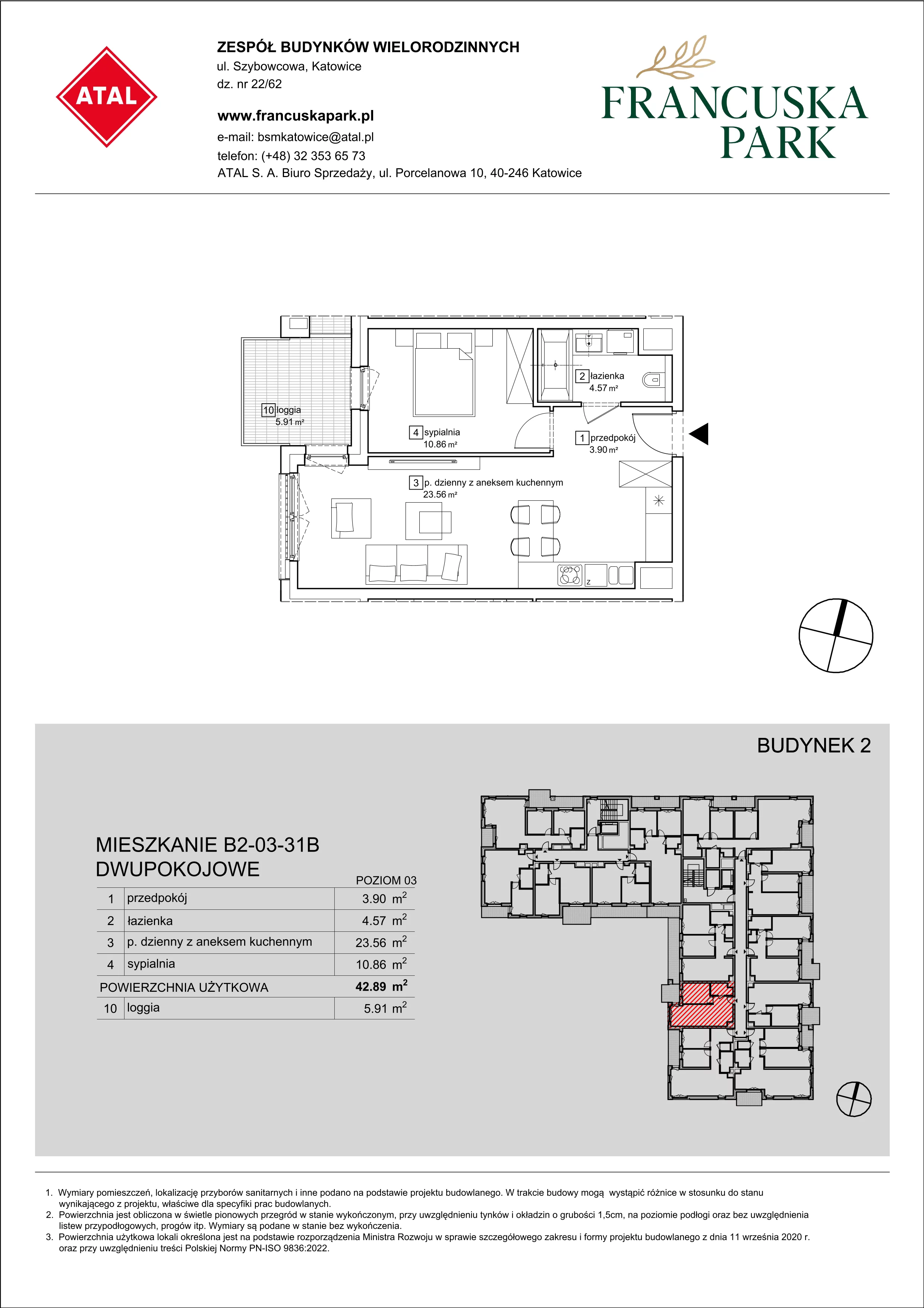 Mieszkanie 42,89 m², piętro 3, oferta nr B2-03-31B, Francuska Park, Katowice, Osiedle Paderewskiego-Muchowiec, Muchowiec, ul. Szybowcowa