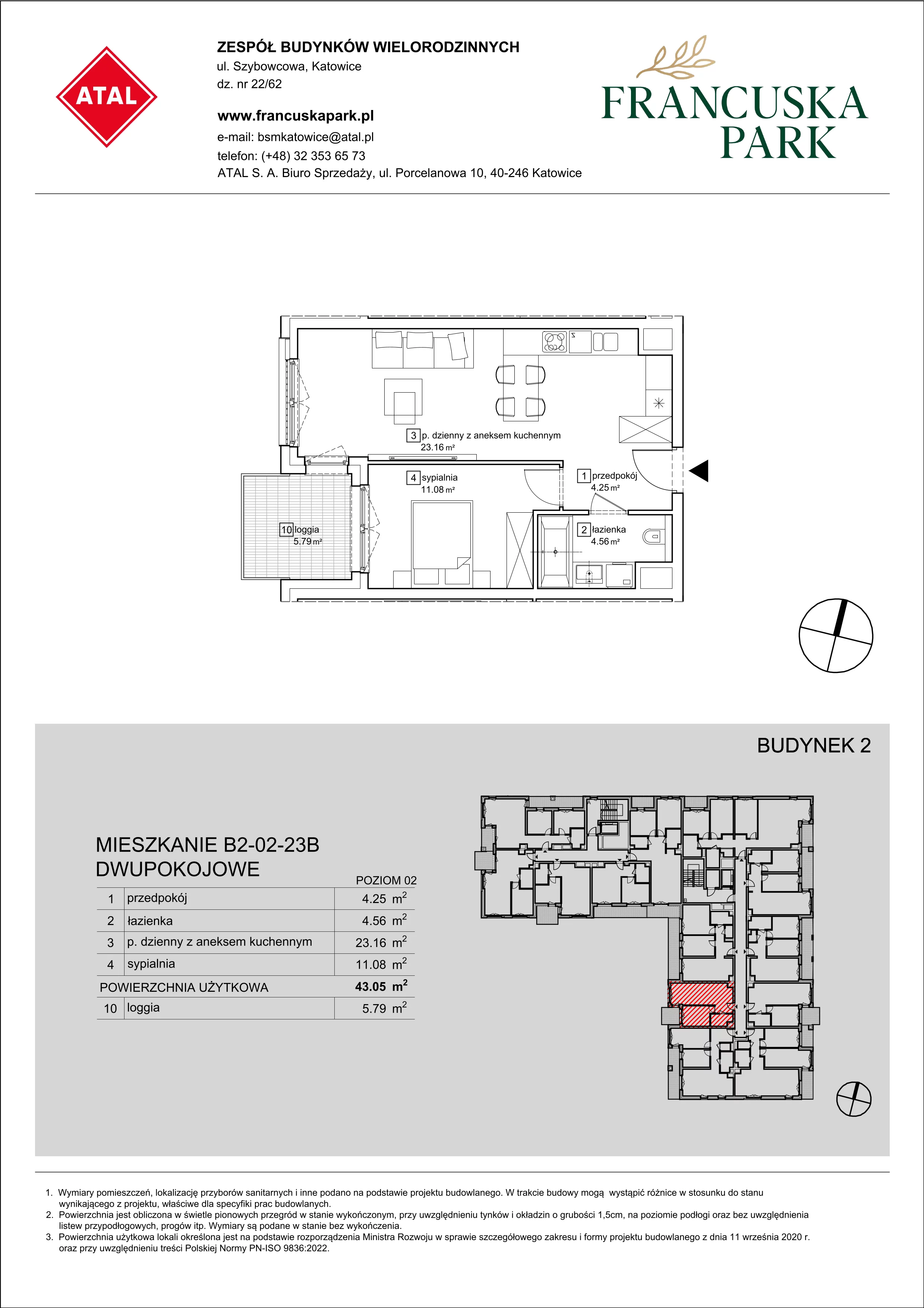 2 pokoje, mieszkanie 43,05 m², piętro 2, oferta nr B2-02-23B, Francuska Park, Katowice, Osiedle Paderewskiego-Muchowiec, Muchowiec, ul. Szybowcowa