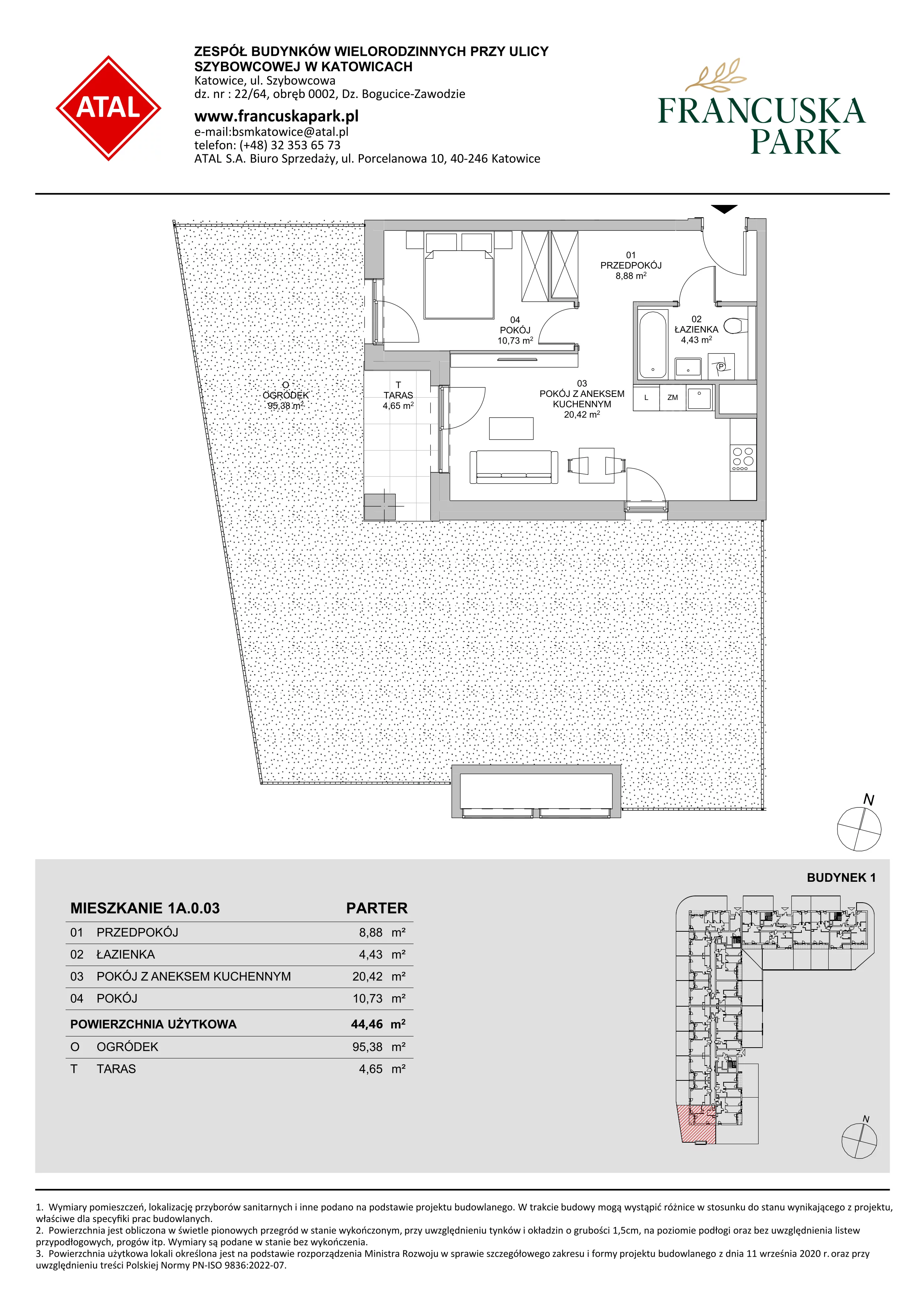 2 pokoje, mieszkanie 44,46 m², parter, oferta nr 1A.0.03, Francuska Park VIIIB, Katowice, Osiedle Paderewskiego-Muchowiec, Muchowiec, ul. Szybowcowa