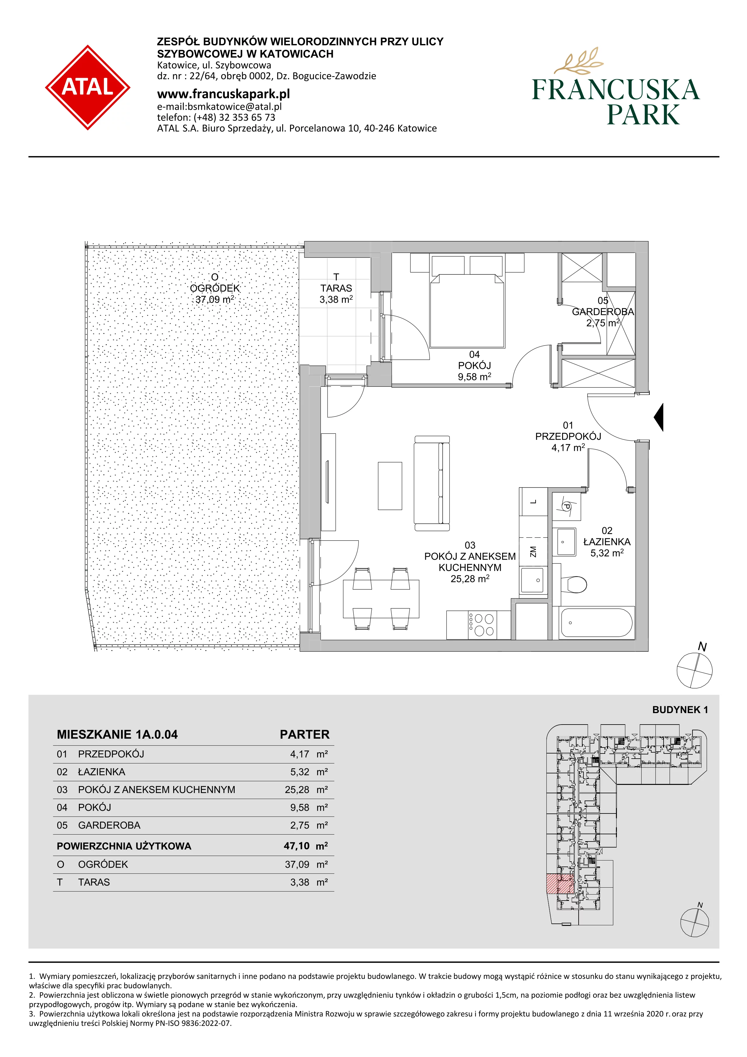 2 pokoje, mieszkanie 47,10 m², parter, oferta nr 1A.0.04, Francuska Park VIIIB, Katowice, Osiedle Paderewskiego-Muchowiec, Muchowiec, ul. Szybowcowa