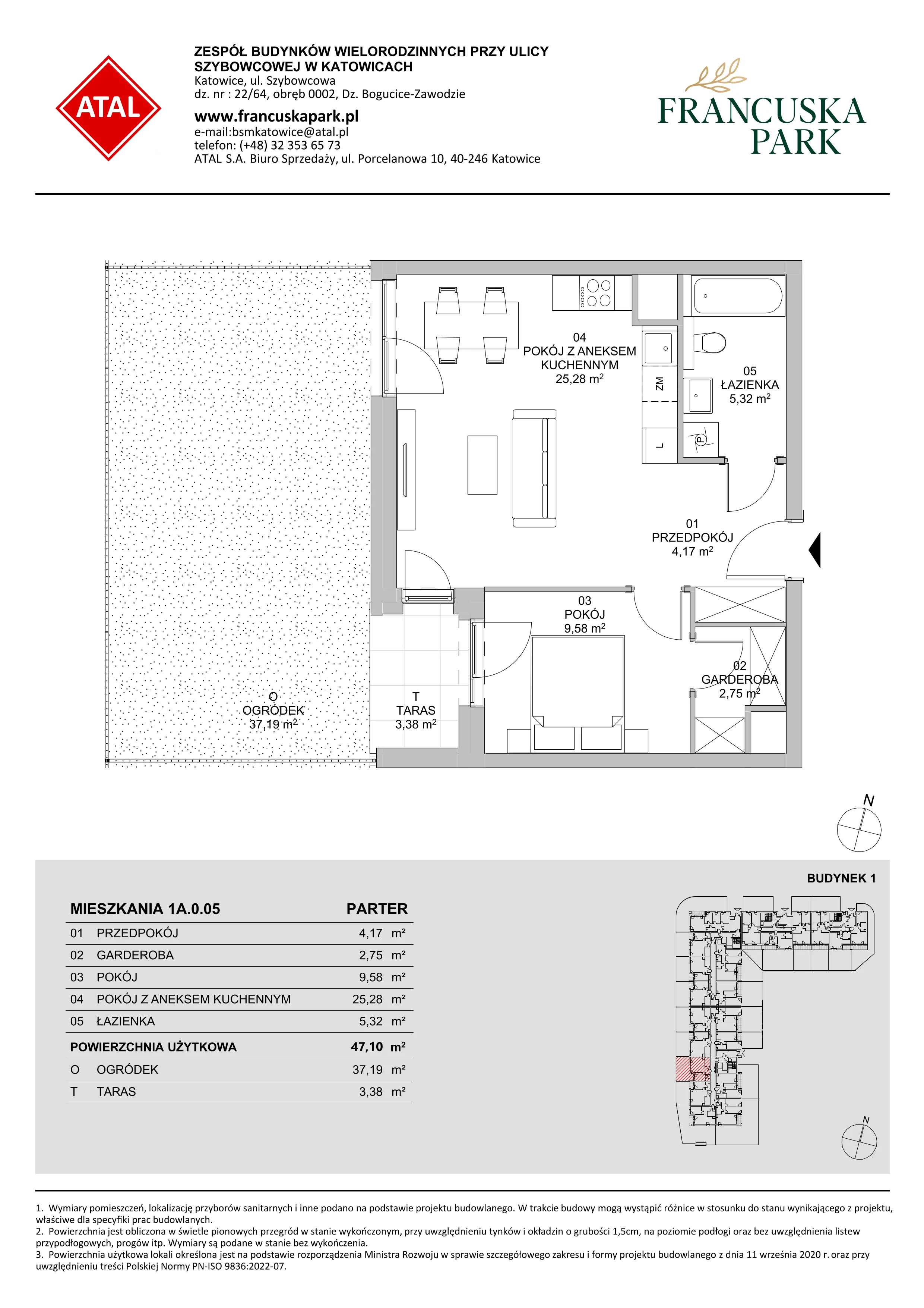 2 pokoje, mieszkanie 47,10 m², parter, oferta nr 1A.0.05, Francuska Park VIIIB, Katowice, Osiedle Paderewskiego-Muchowiec, Muchowiec, ul. Szybowcowa