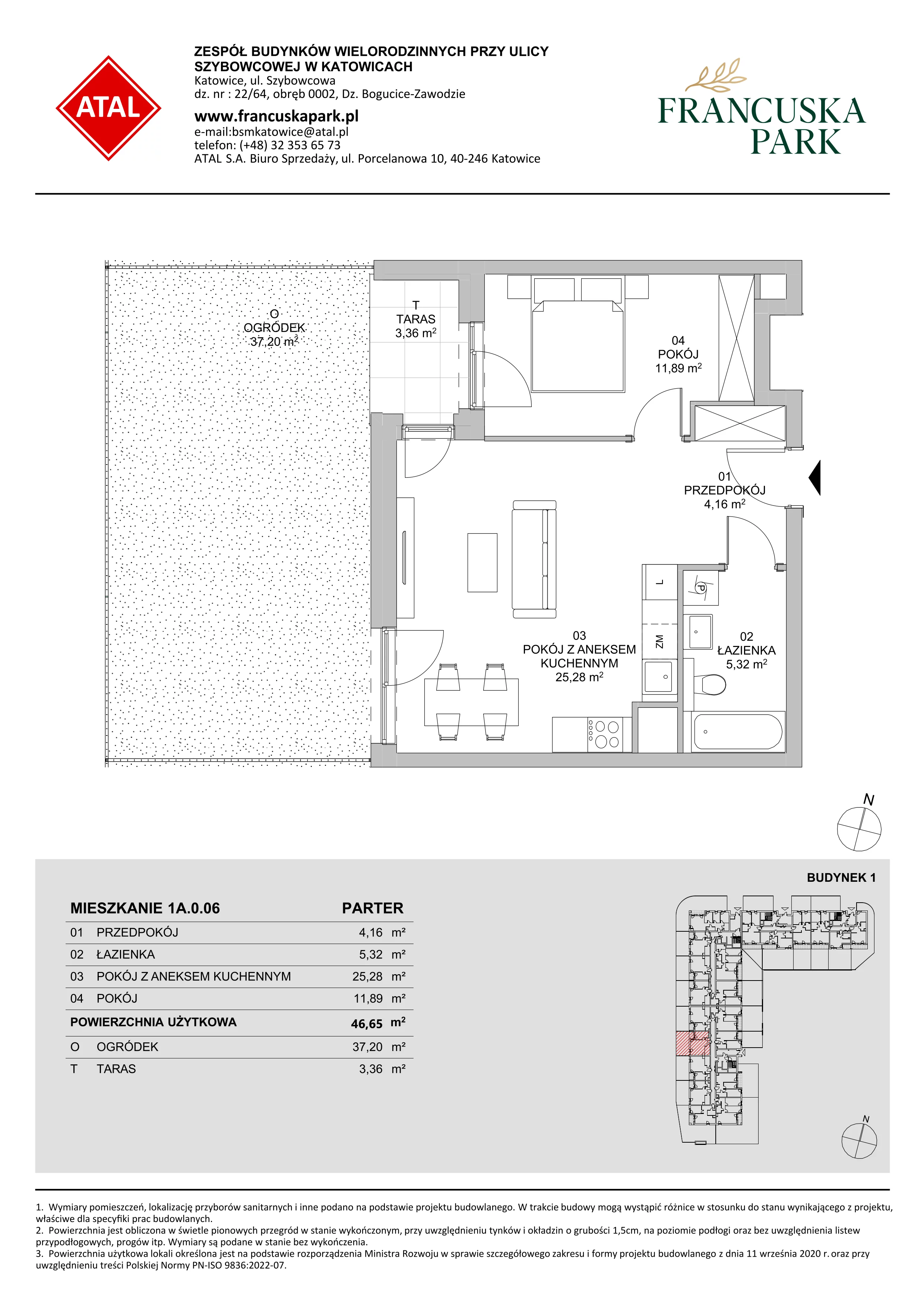 2 pokoje, mieszkanie 46,65 m², parter, oferta nr 1A.0.06, Francuska Park VIIIB, Katowice, Osiedle Paderewskiego-Muchowiec, Muchowiec, ul. Szybowcowa