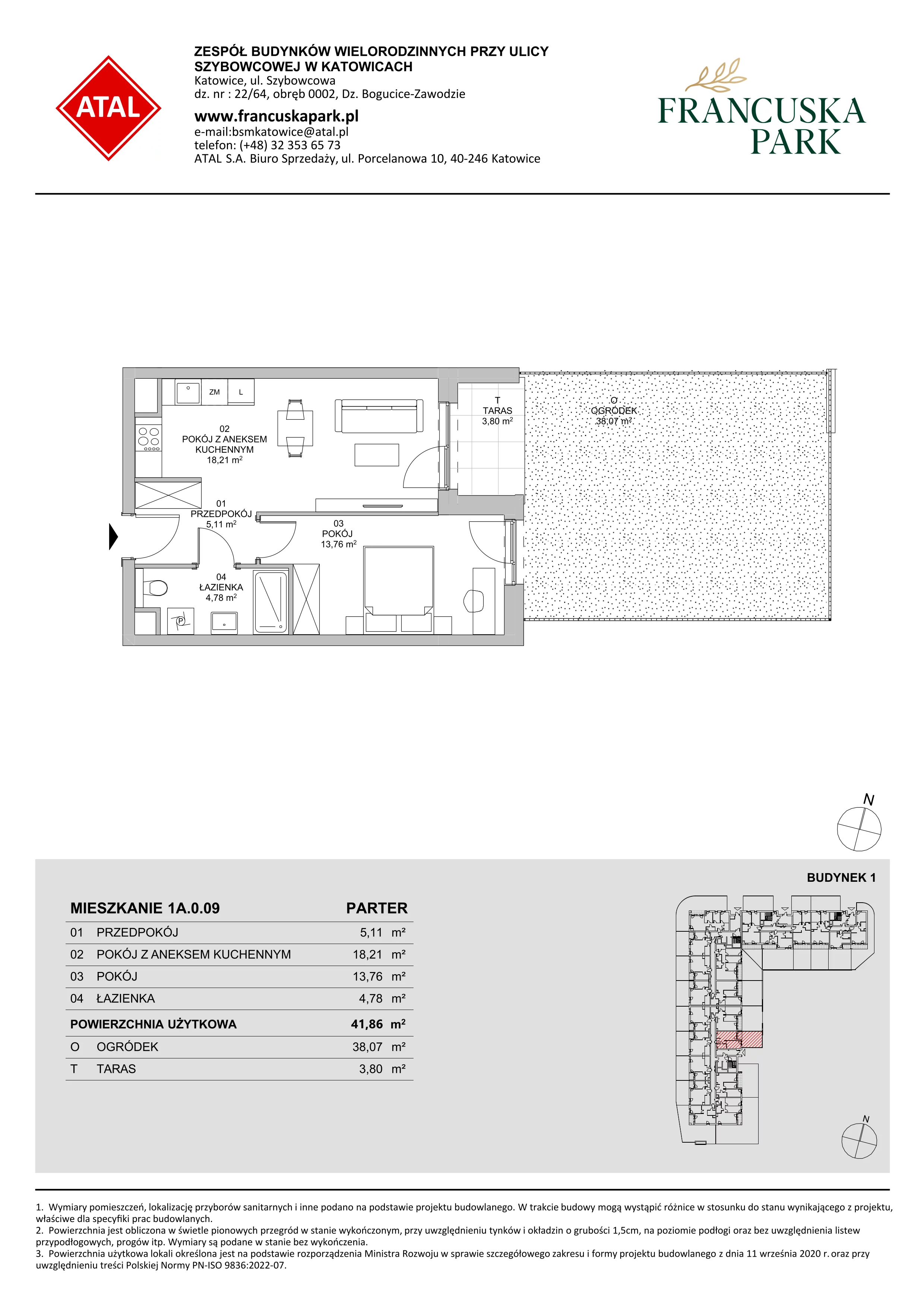 2 pokoje, mieszkanie 41,86 m², parter, oferta nr 1A.0.09, Francuska Park VIIIB, Katowice, Osiedle Paderewskiego-Muchowiec, Muchowiec, ul. Szybowcowa