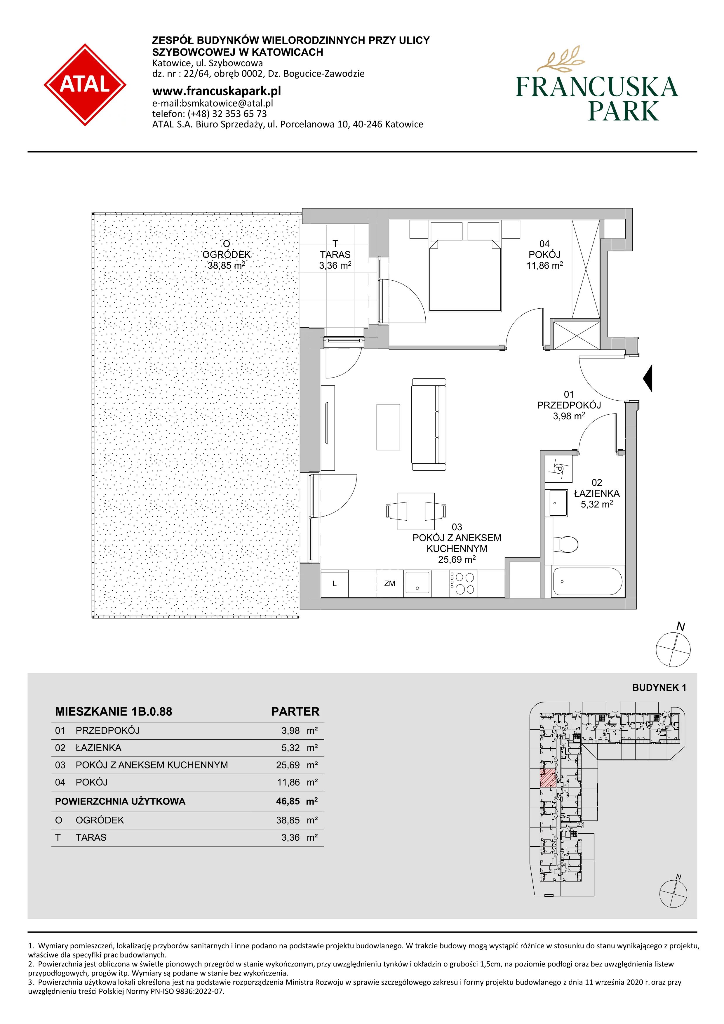 2 pokoje, mieszkanie 46,85 m², parter, oferta nr 1B.0.88, Francuska Park VIIIB, Katowice, Osiedle Paderewskiego-Muchowiec, Muchowiec, ul. Szybowcowa