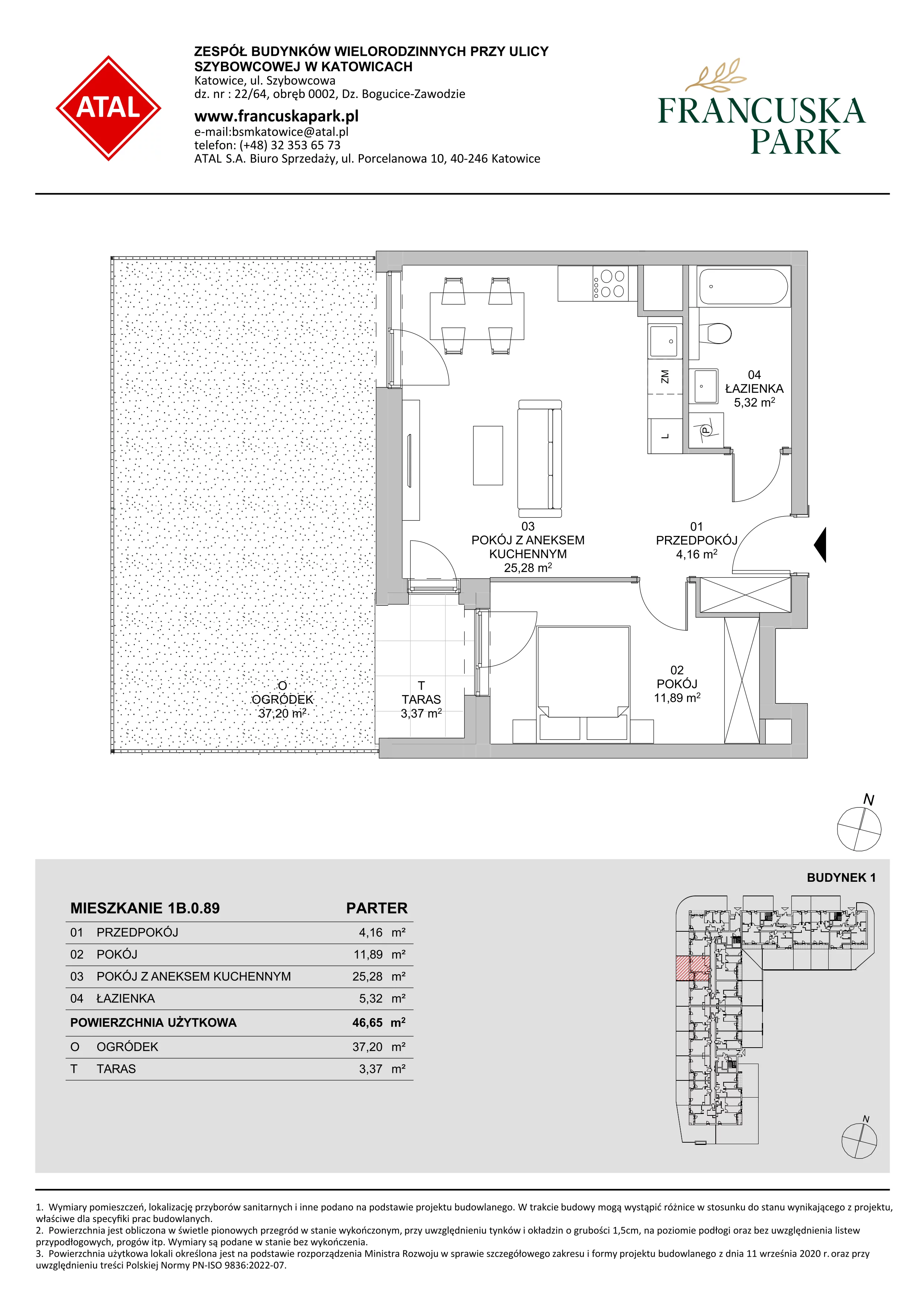 2 pokoje, mieszkanie 46,65 m², parter, oferta nr 1B.0.89, Francuska Park VIIIB, Katowice, Osiedle Paderewskiego-Muchowiec, Muchowiec, ul. Szybowcowa