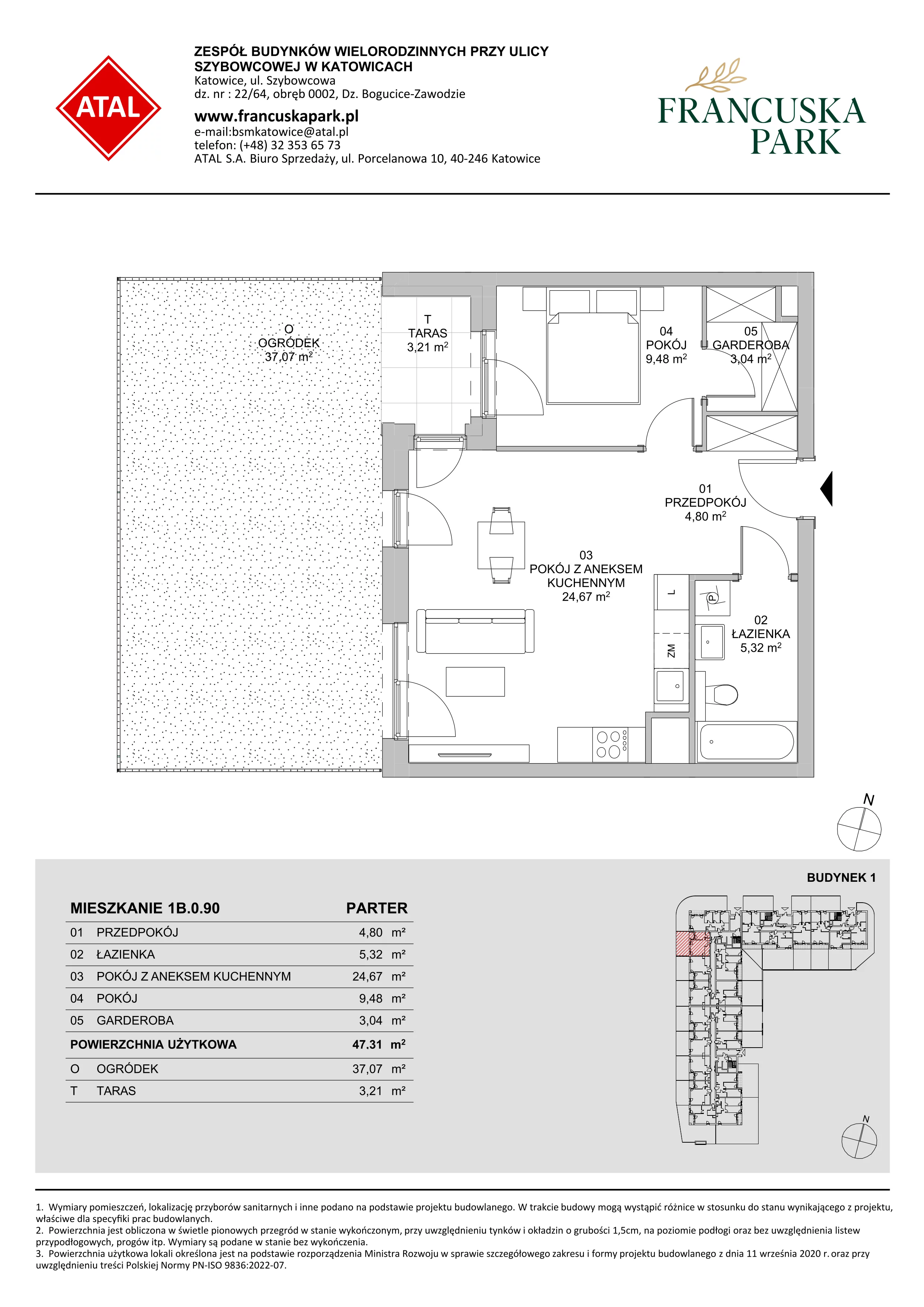 2 pokoje, mieszkanie 47,31 m², parter, oferta nr 1B.0.90, Francuska Park VIIIB, Katowice, Osiedle Paderewskiego-Muchowiec, Muchowiec, ul. Szybowcowa