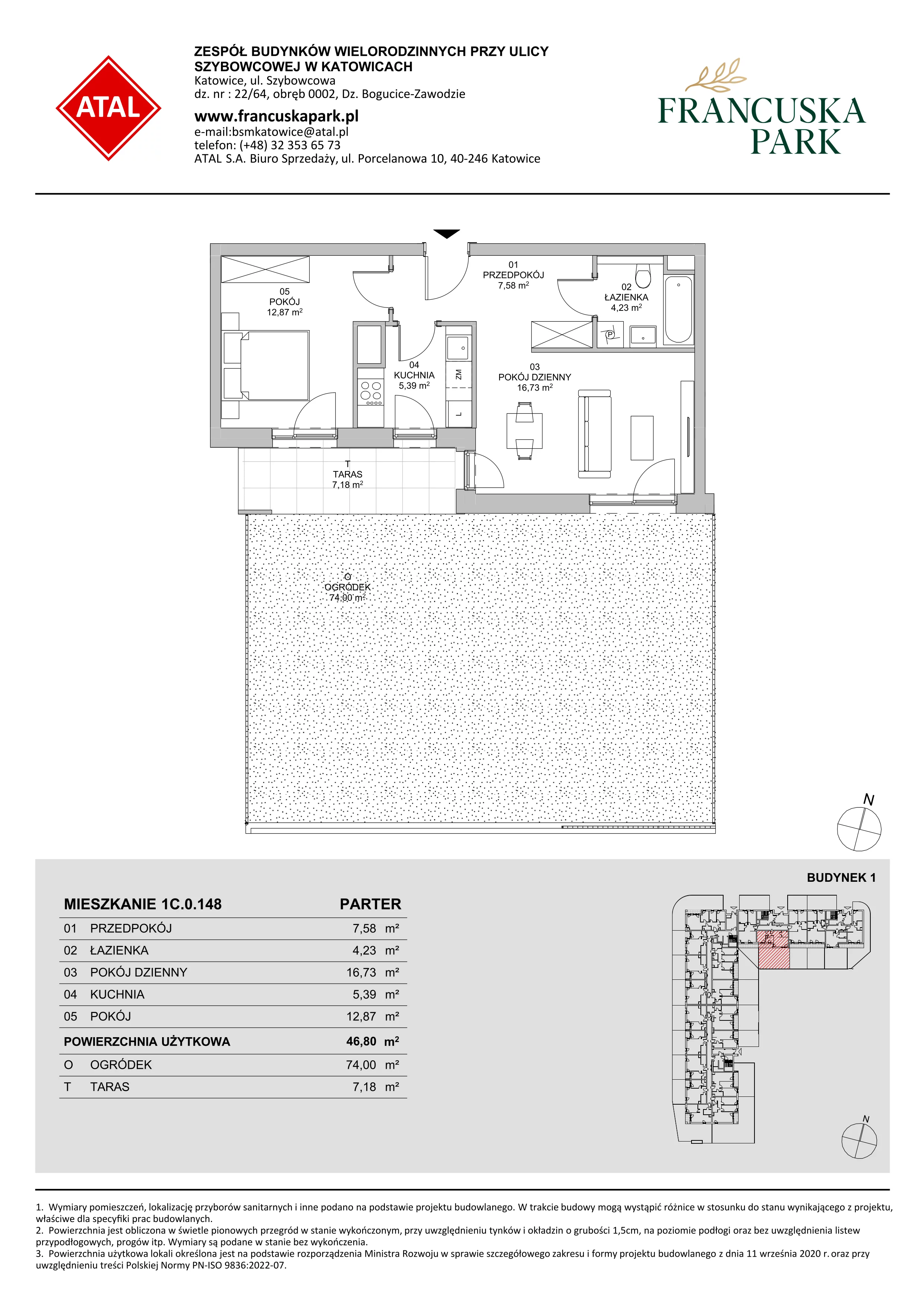 2 pokoje, mieszkanie 46,80 m², parter, oferta nr 1C.0.148, Francuska Park VIIIB, Katowice, Osiedle Paderewskiego-Muchowiec, Muchowiec, ul. Szybowcowa