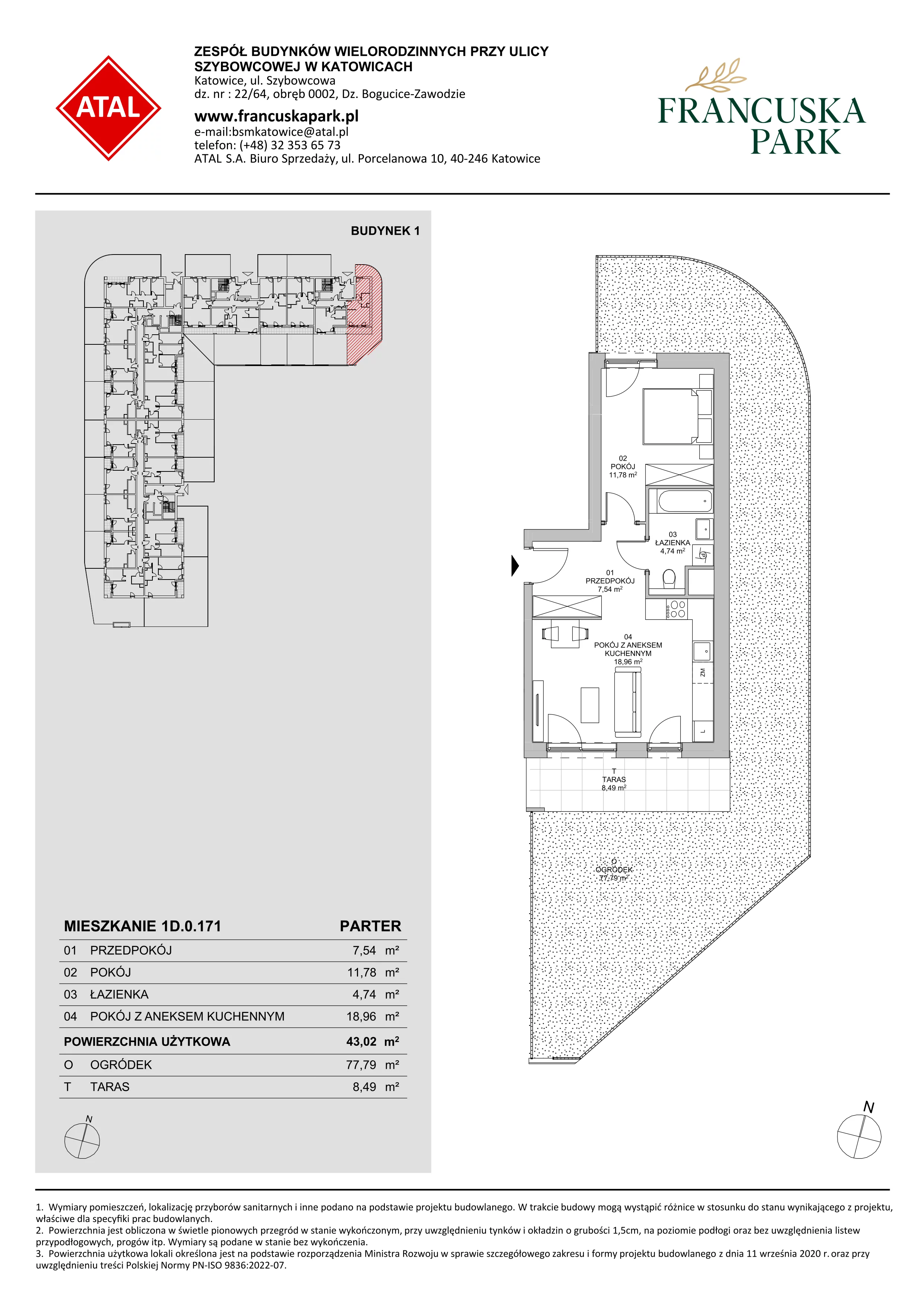2 pokoje, mieszkanie 43,02 m², parter, oferta nr 1D.0.171, Francuska Park VIIIB, Katowice, Osiedle Paderewskiego-Muchowiec, Muchowiec, ul. Szybowcowa
