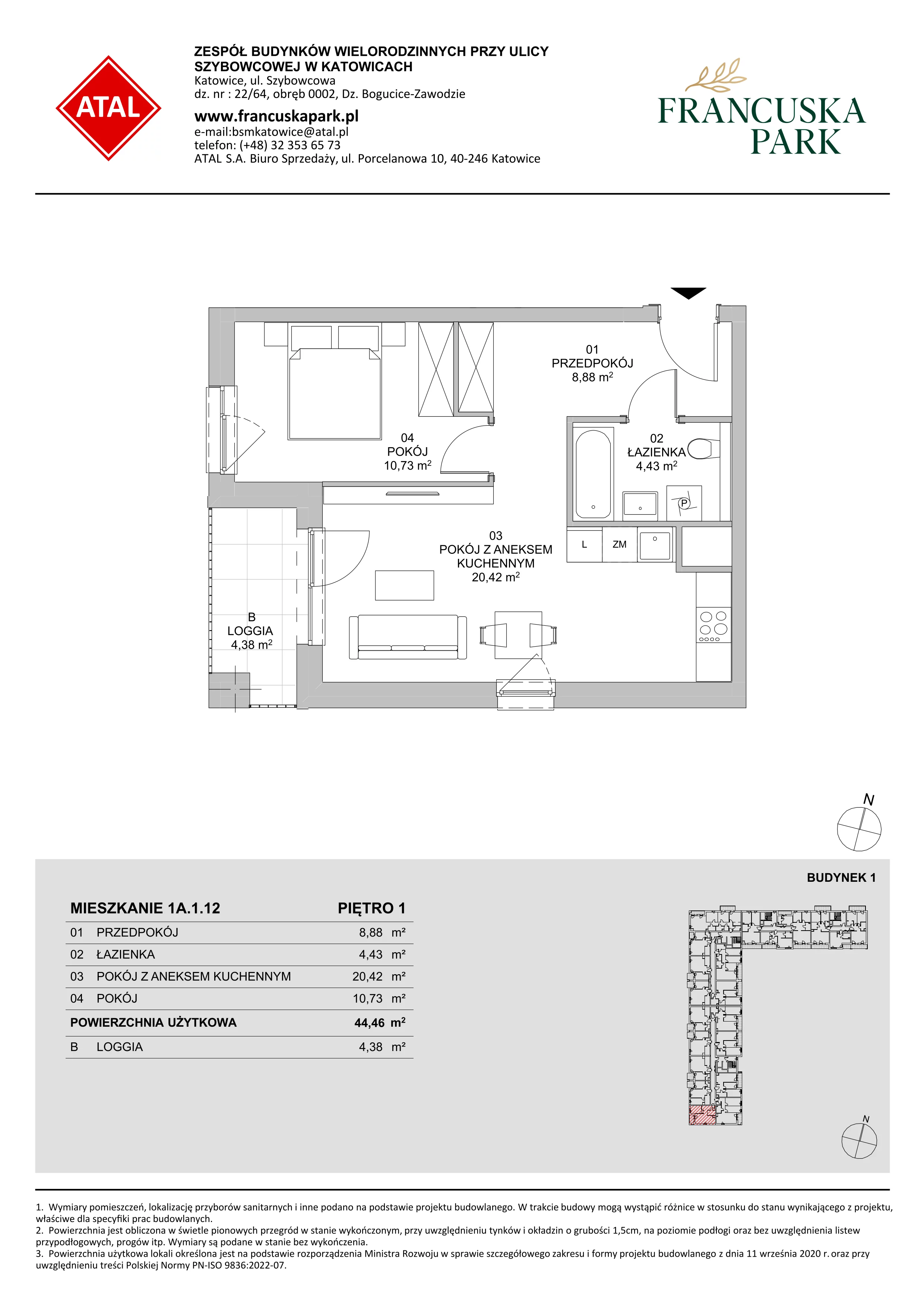 2 pokoje, mieszkanie 44,46 m², piętro 1, oferta nr 1A.1.12, Francuska Park VIIIB, Katowice, Osiedle Paderewskiego-Muchowiec, Muchowiec, ul. Szybowcowa