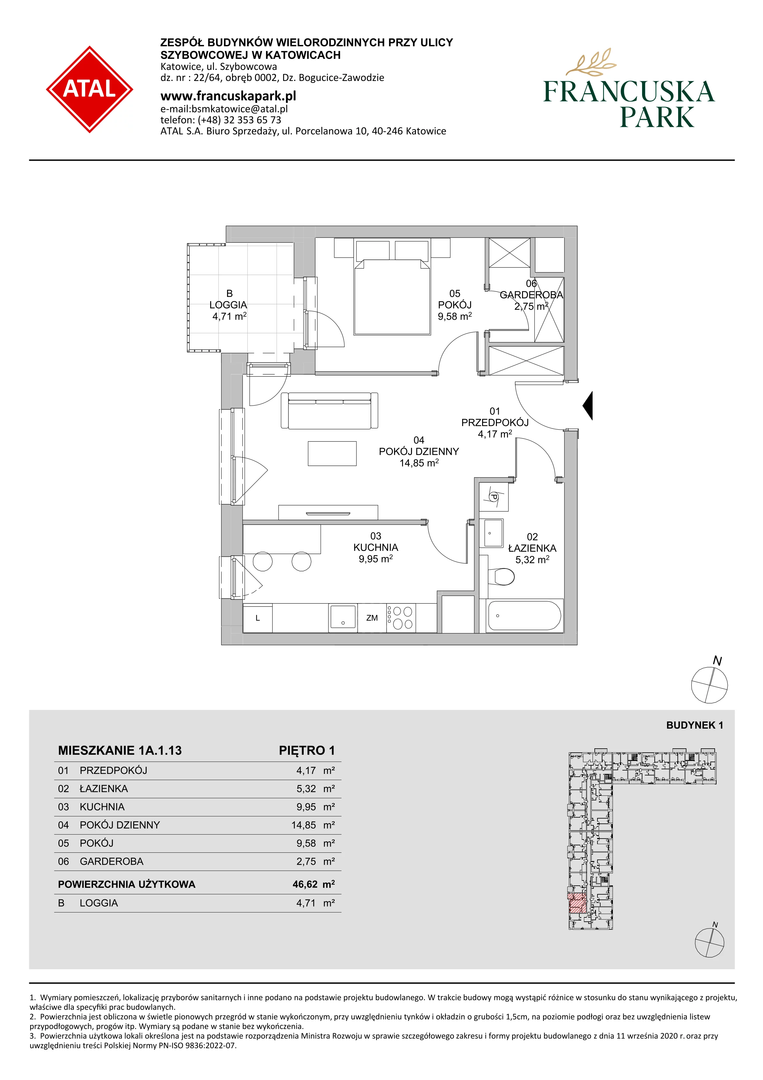 2 pokoje, mieszkanie 46,62 m², piętro 1, oferta nr 1A.1.13, Francuska Park VIIIB, Katowice, Osiedle Paderewskiego-Muchowiec, Muchowiec, ul. Szybowcowa