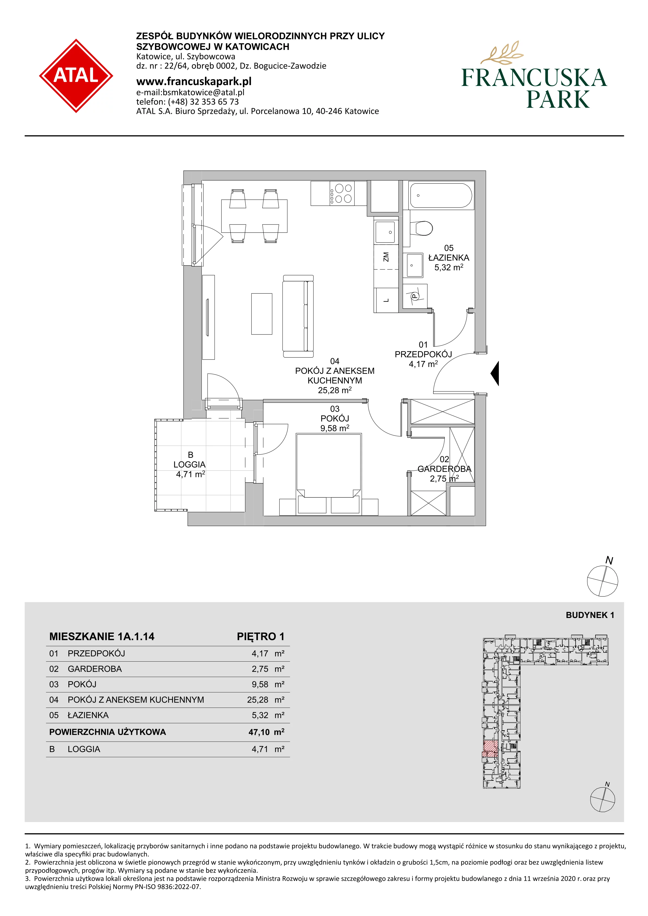 2 pokoje, mieszkanie 47,10 m², piętro 1, oferta nr 1A.1.14, Francuska Park VIIIB, Katowice, Osiedle Paderewskiego-Muchowiec, Muchowiec, ul. Szybowcowa