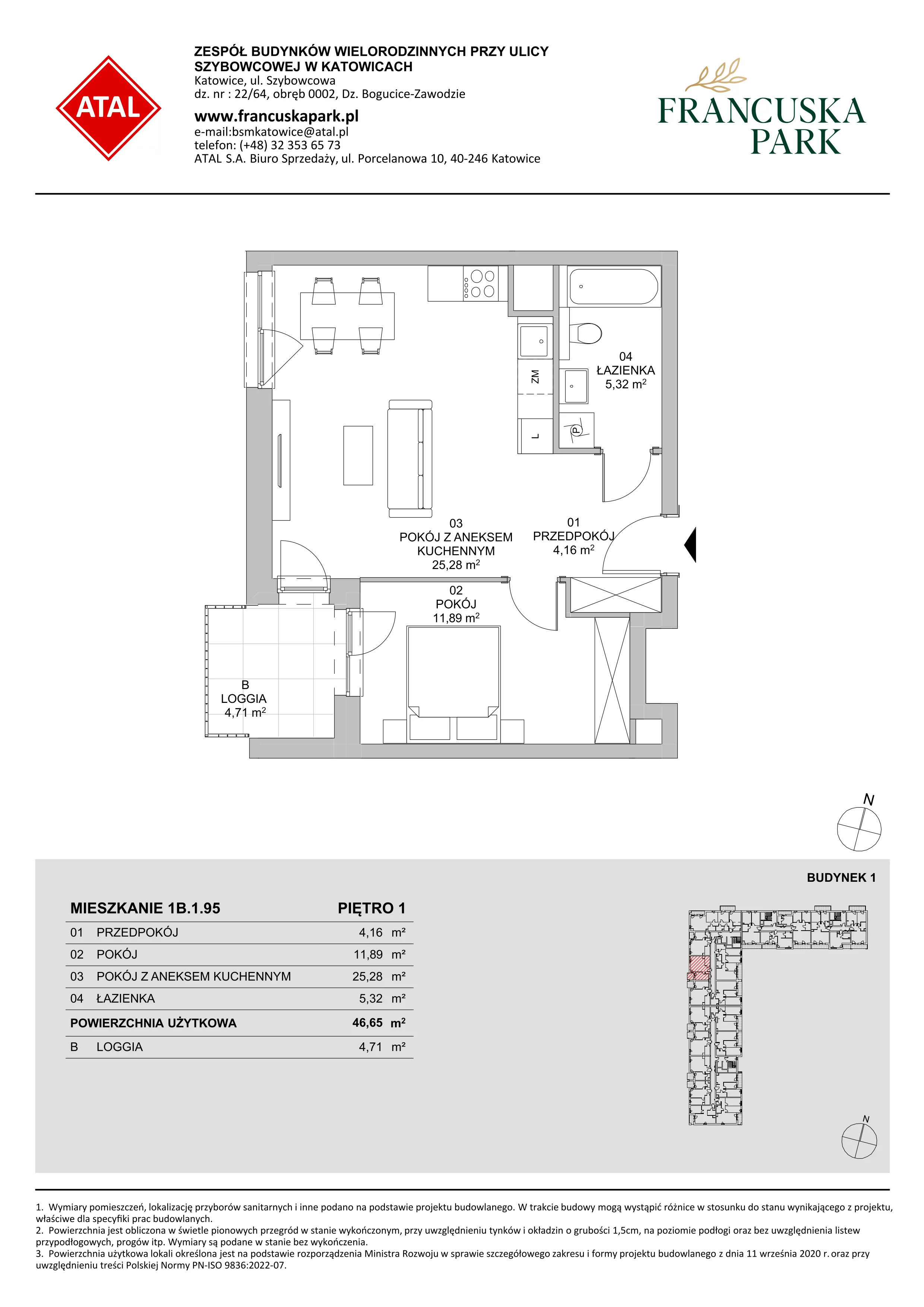 2 pokoje, mieszkanie 46,65 m², piętro 1, oferta nr 1B.1.95, Francuska Park VIIIB, Katowice, Osiedle Paderewskiego-Muchowiec, Muchowiec, ul. Szybowcowa
