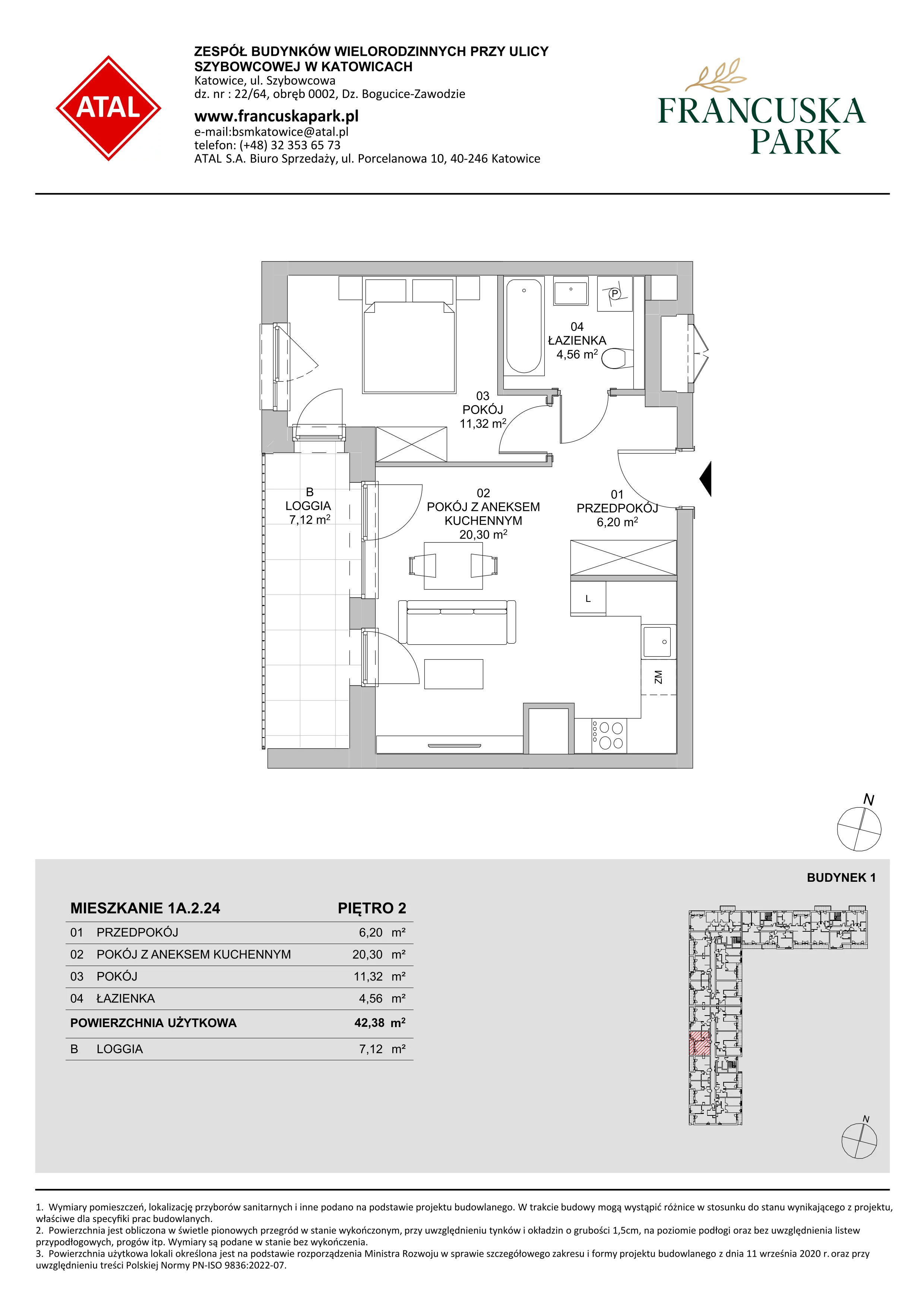 2 pokoje, mieszkanie 42,38 m², piętro 2, oferta nr 1A.2.24, Francuska Park VIIIB, Katowice, Osiedle Paderewskiego-Muchowiec, Muchowiec, ul. Szybowcowa