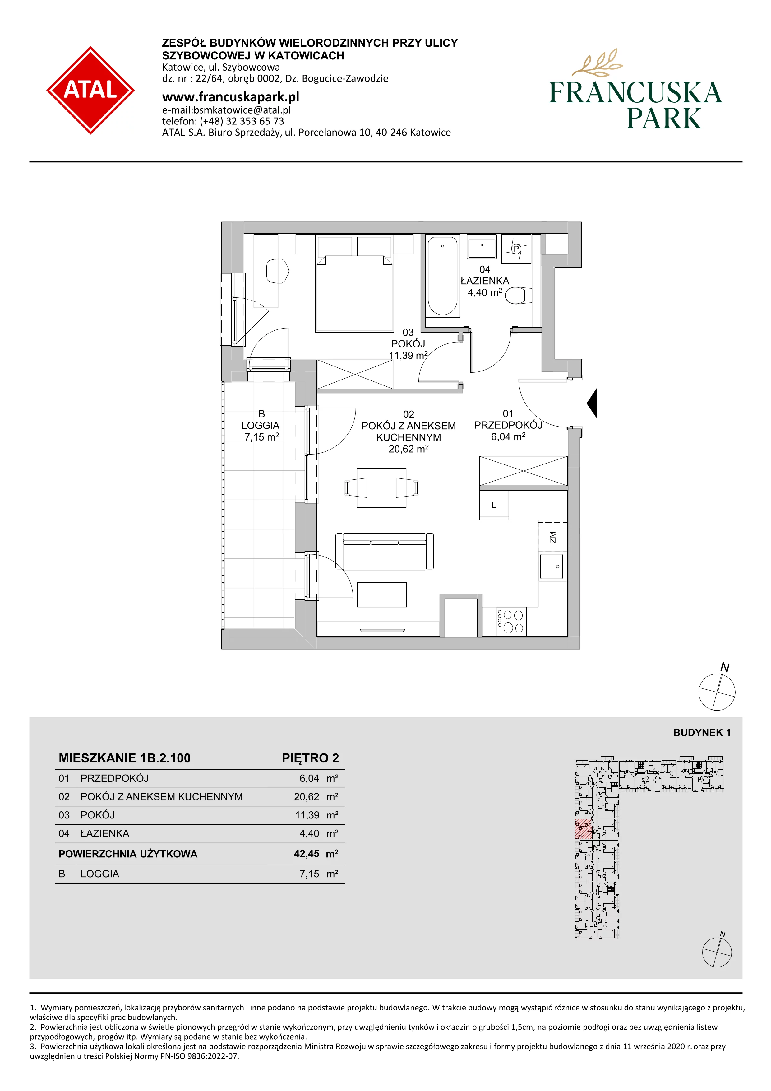2 pokoje, mieszkanie 42,45 m², piętro 2, oferta nr 1B.2.100, Francuska Park VIIIB, Katowice, Osiedle Paderewskiego-Muchowiec, Muchowiec, ul. Szybowcowa