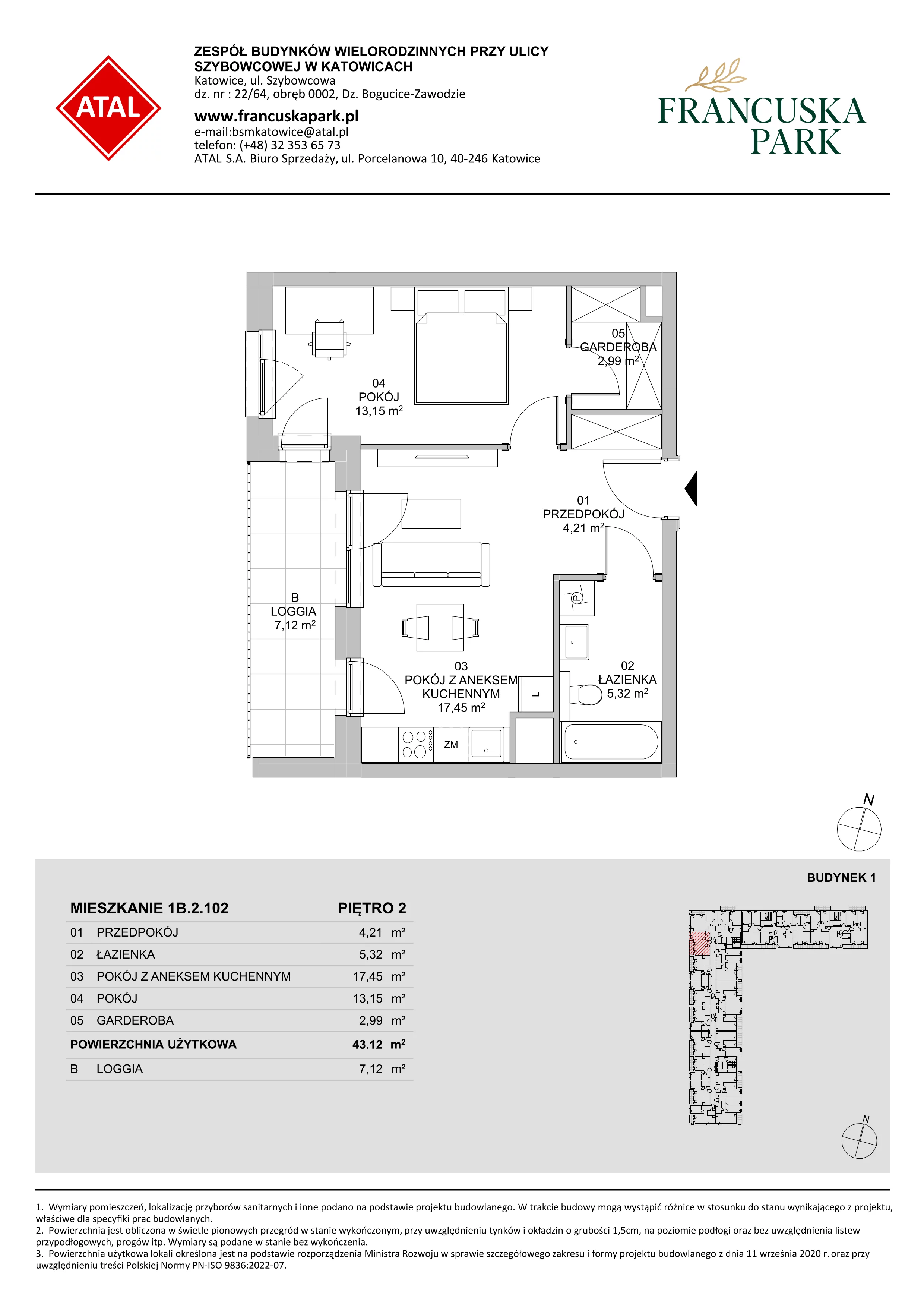 2 pokoje, mieszkanie 43,12 m², piętro 2, oferta nr 1B.2.102, Francuska Park VIIIB, Katowice, Osiedle Paderewskiego-Muchowiec, Muchowiec, ul. Szybowcowa