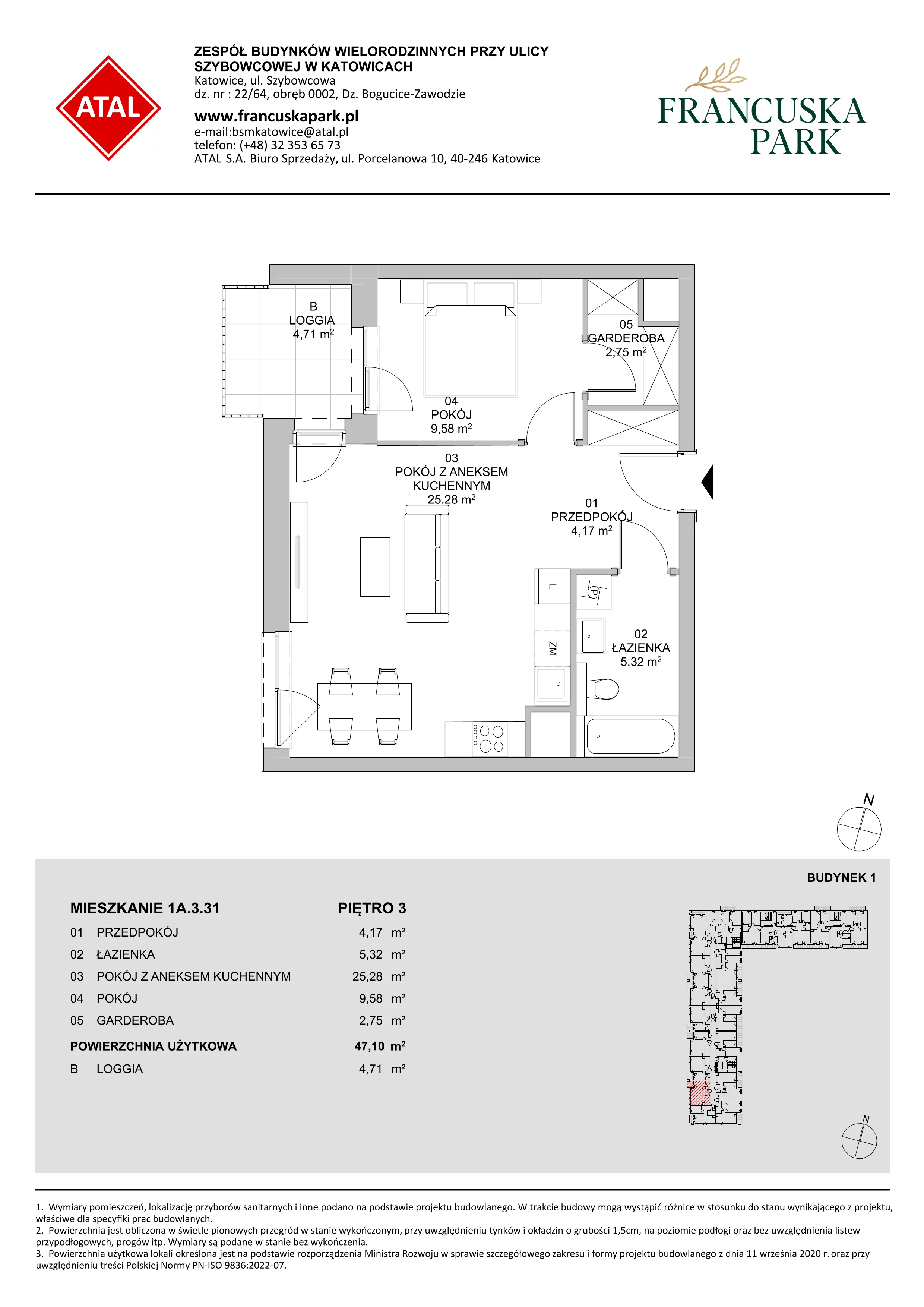 2 pokoje, mieszkanie 47,10 m², piętro 3, oferta nr 1A.3.31, Francuska Park VIIIB, Katowice, Osiedle Paderewskiego-Muchowiec, Muchowiec, ul. Szybowcowa