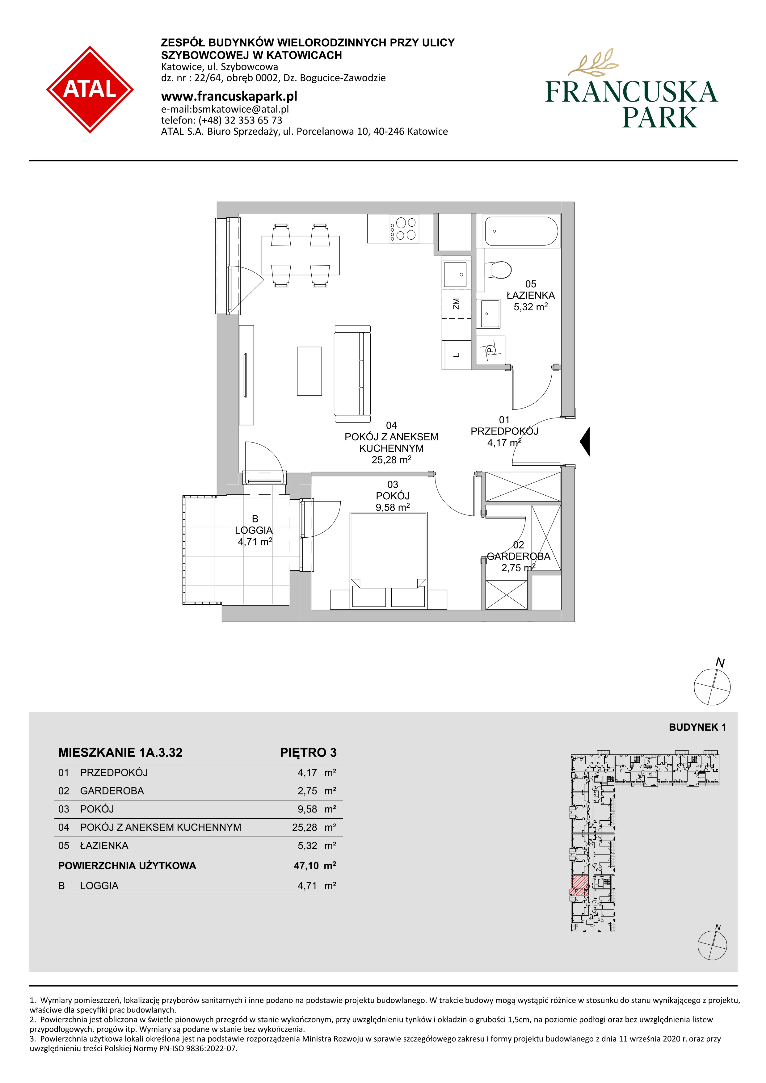 2 pokoje, mieszkanie 47,10 m², piętro 3, oferta nr 1A.3.32, Francuska Park VIIIB, Katowice, Osiedle Paderewskiego-Muchowiec, Muchowiec, ul. Szybowcowa