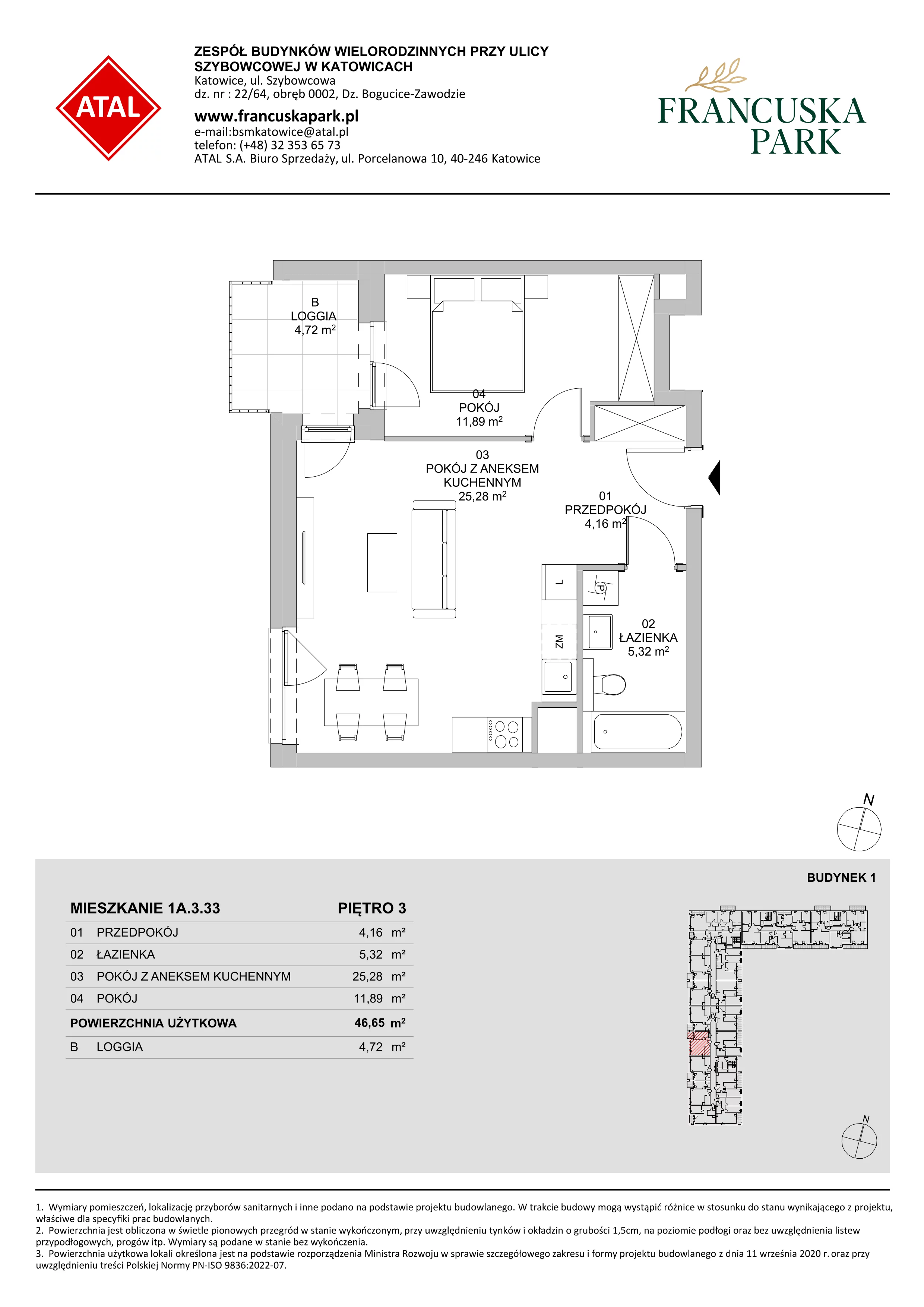 2 pokoje, mieszkanie 46,65 m², piętro 3, oferta nr 1A.3.33, Francuska Park VIIIB, Katowice, Osiedle Paderewskiego-Muchowiec, Muchowiec, ul. Szybowcowa
