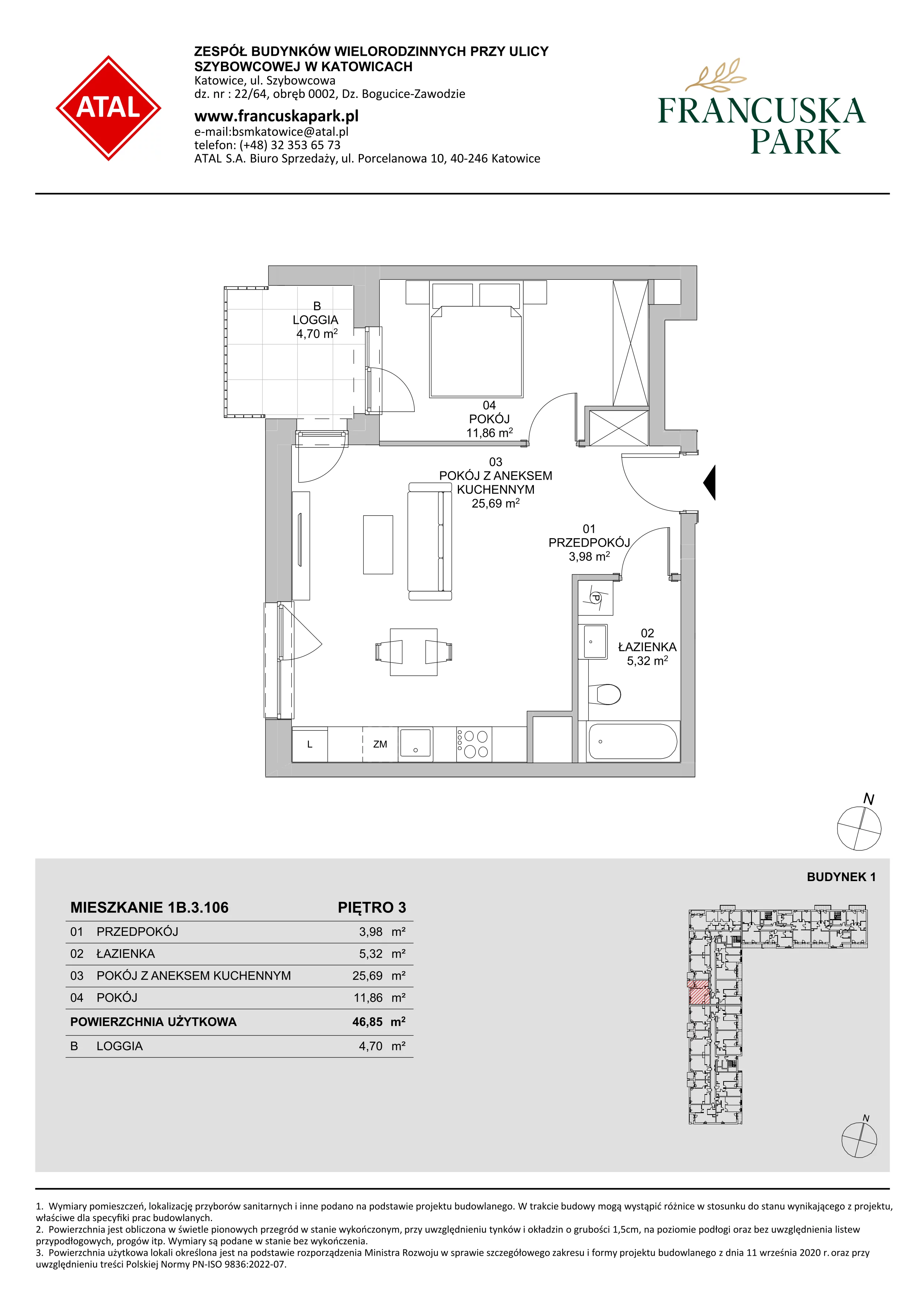 2 pokoje, mieszkanie 46,85 m², piętro 3, oferta nr 1B.3.106, Francuska Park VIIIB, Katowice, Osiedle Paderewskiego-Muchowiec, Muchowiec, ul. Szybowcowa