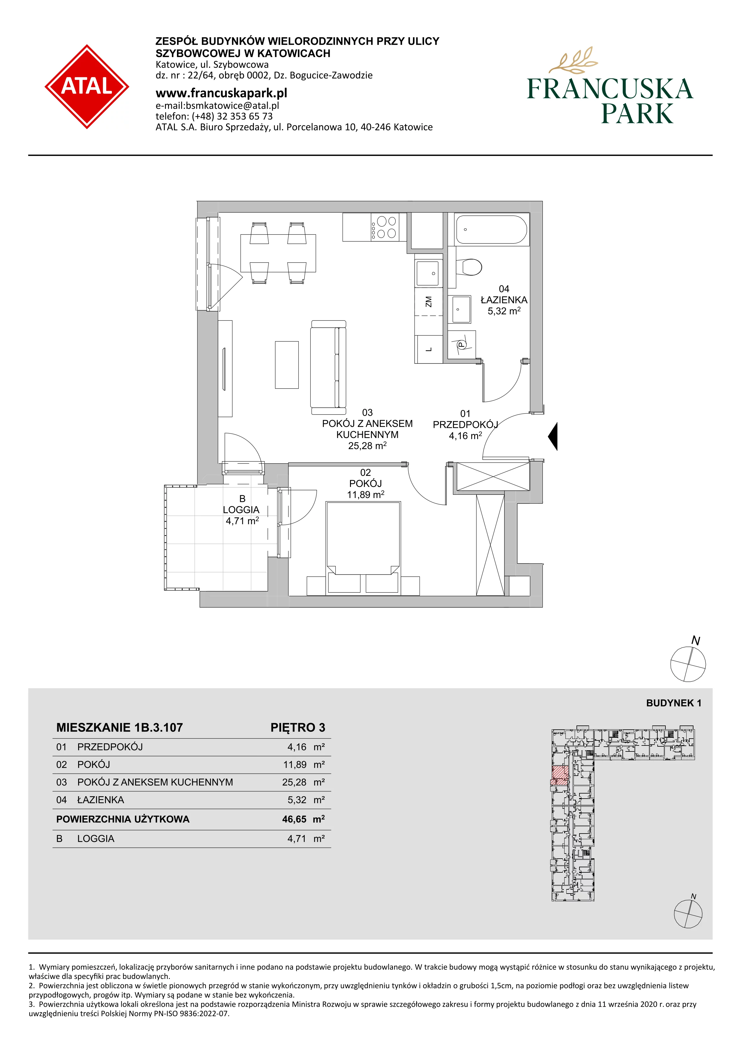 2 pokoje, mieszkanie 46,65 m², piętro 3, oferta nr 1B.3.107, Francuska Park VIIIB, Katowice, Osiedle Paderewskiego-Muchowiec, Muchowiec, ul. Szybowcowa