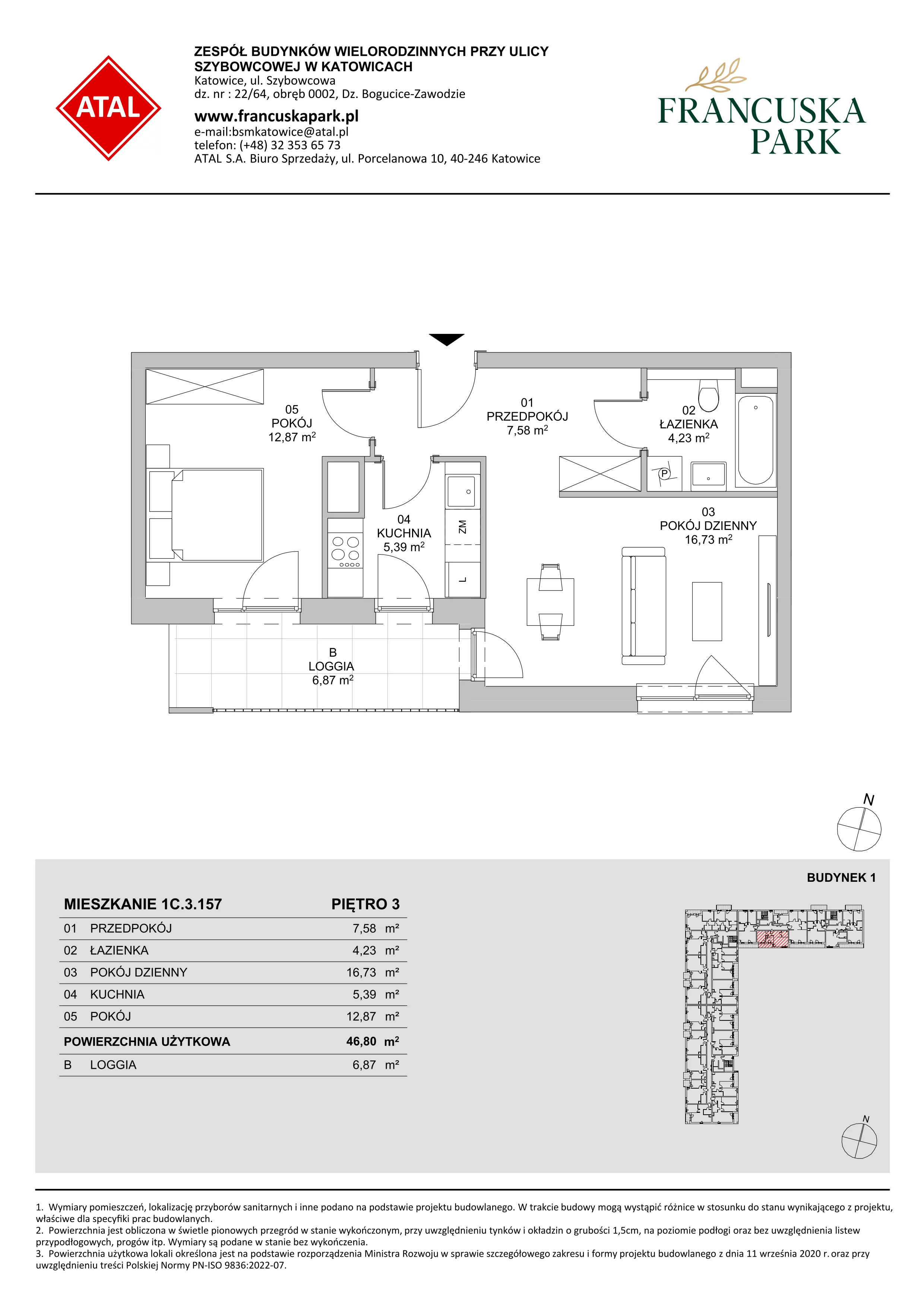 2 pokoje, mieszkanie 46,80 m², piętro 3, oferta nr 1C.3.157, Francuska Park VIIIB, Katowice, Osiedle Paderewskiego-Muchowiec, Muchowiec, ul. Szybowcowa