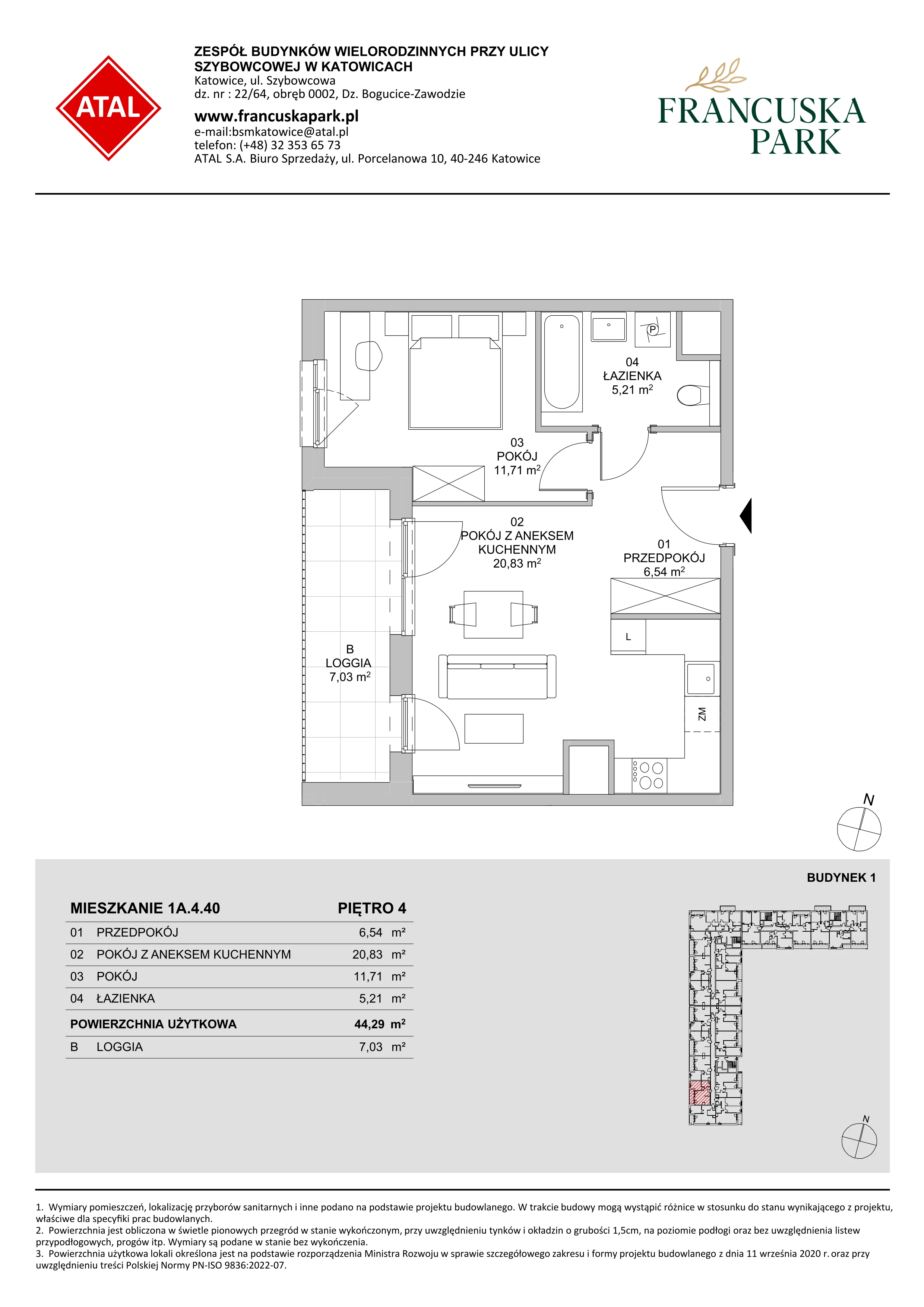 2 pokoje, mieszkanie 44,29 m², piętro 4, oferta nr 1A.4.40, Francuska Park VIIIB, Katowice, Osiedle Paderewskiego-Muchowiec, Muchowiec, ul. Szybowcowa