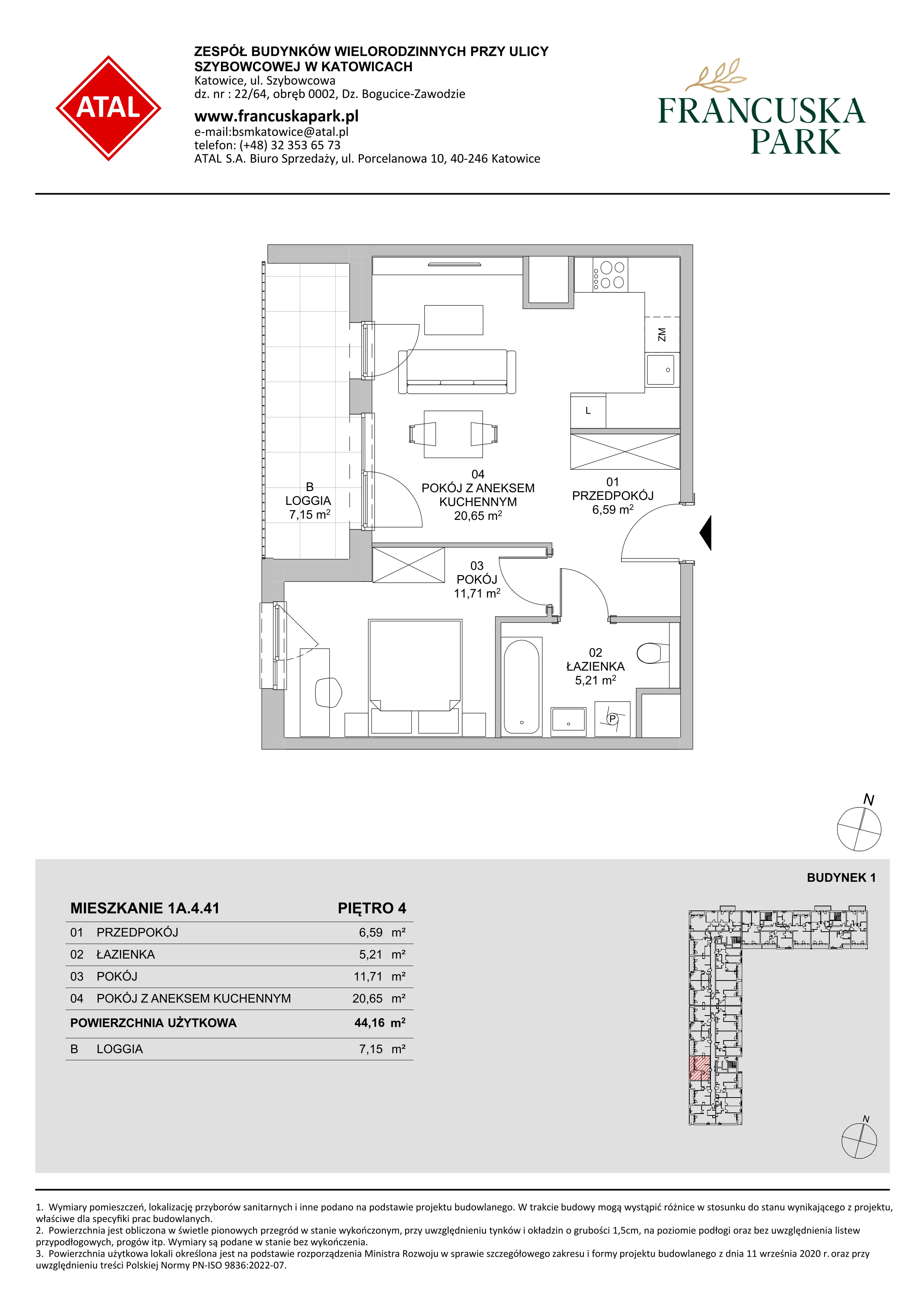 2 pokoje, mieszkanie 43,16 m², piętro 4, oferta nr 1A.4.41, Francuska Park VIIIB, Katowice, Osiedle Paderewskiego-Muchowiec, Muchowiec, ul. Szybowcowa