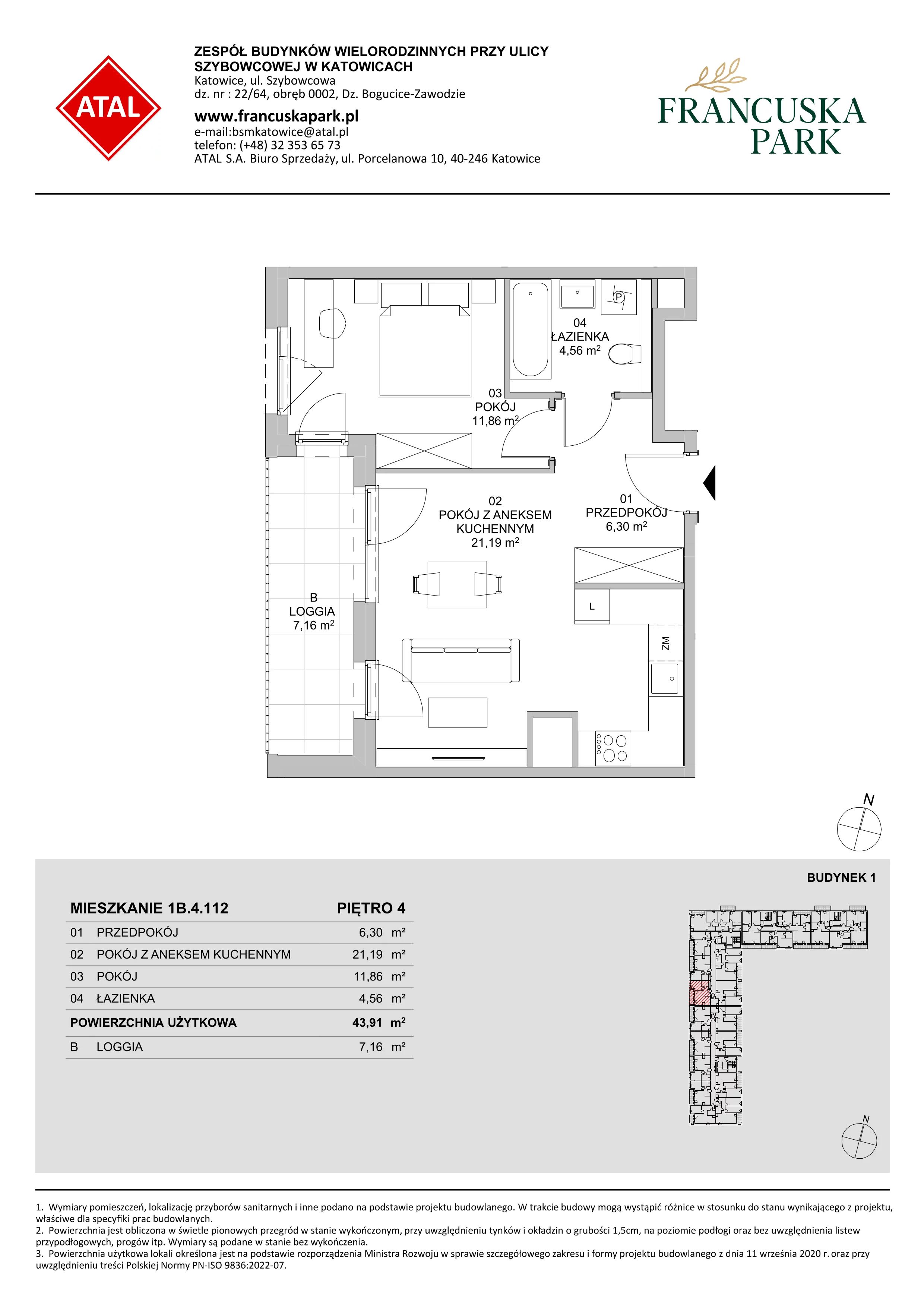 2 pokoje, mieszkanie 43,91 m², piętro 4, oferta nr 1B.4.112, Francuska Park VIIIB, Katowice, Osiedle Paderewskiego-Muchowiec, Muchowiec, ul. Szybowcowa