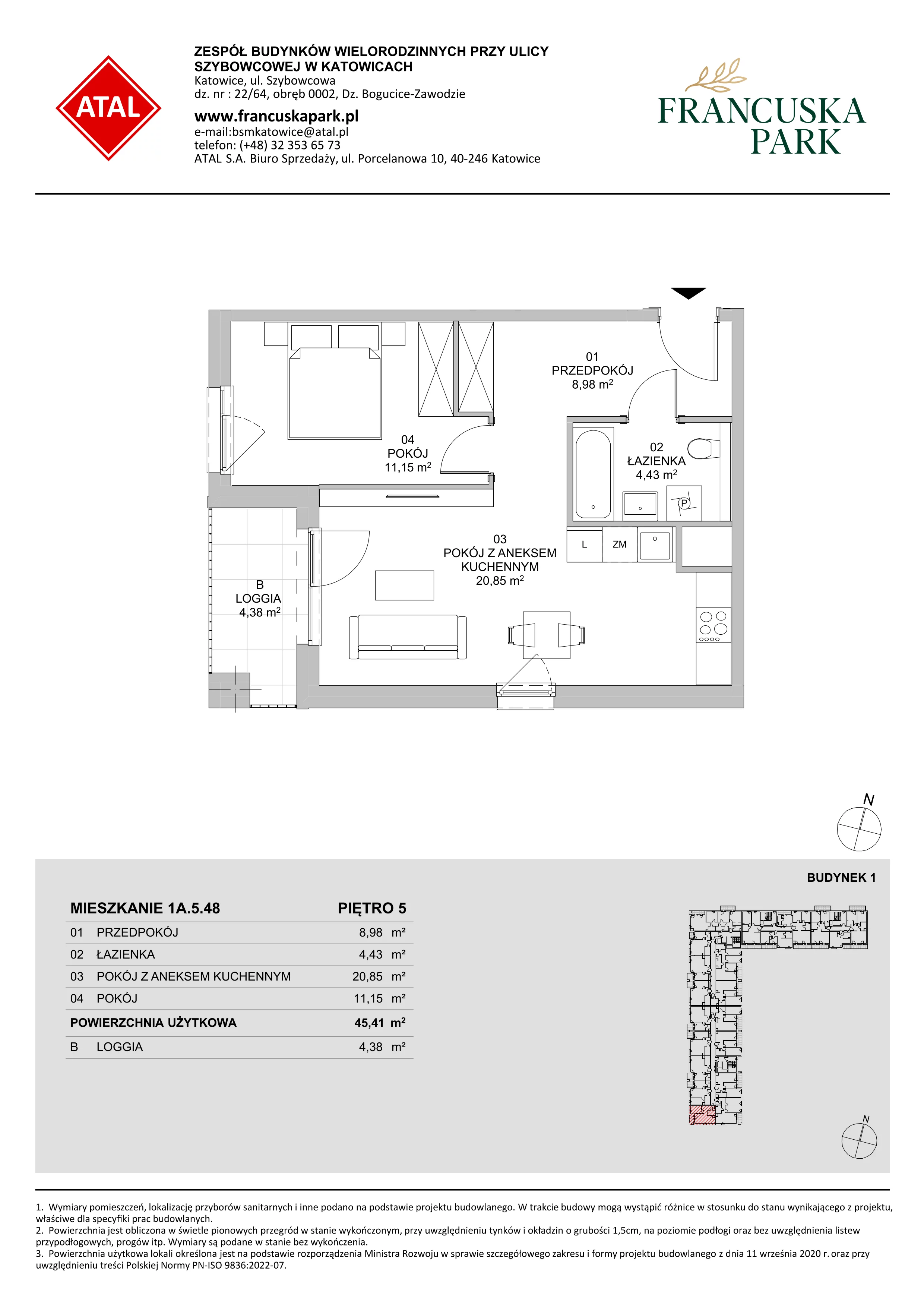 2 pokoje, mieszkanie 45,41 m², piętro 5, oferta nr 1A.5.48, Francuska Park VIIIB, Katowice, Osiedle Paderewskiego-Muchowiec, Muchowiec, ul. Szybowcowa