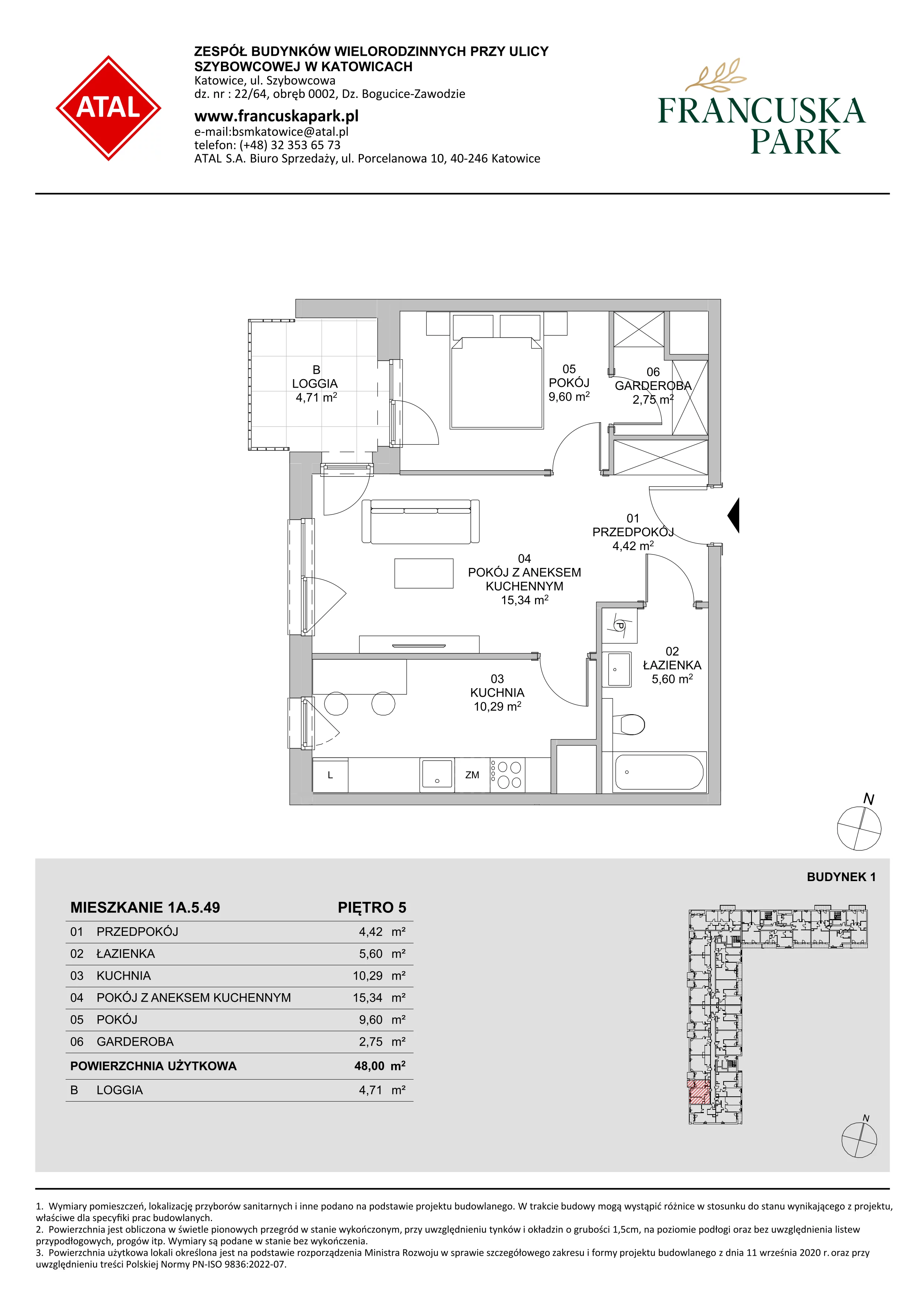 2 pokoje, mieszkanie 47,91 m², piętro 5, oferta nr 1A.5.49, Francuska Park VIIIB, Katowice, Osiedle Paderewskiego-Muchowiec, Muchowiec, ul. Szybowcowa