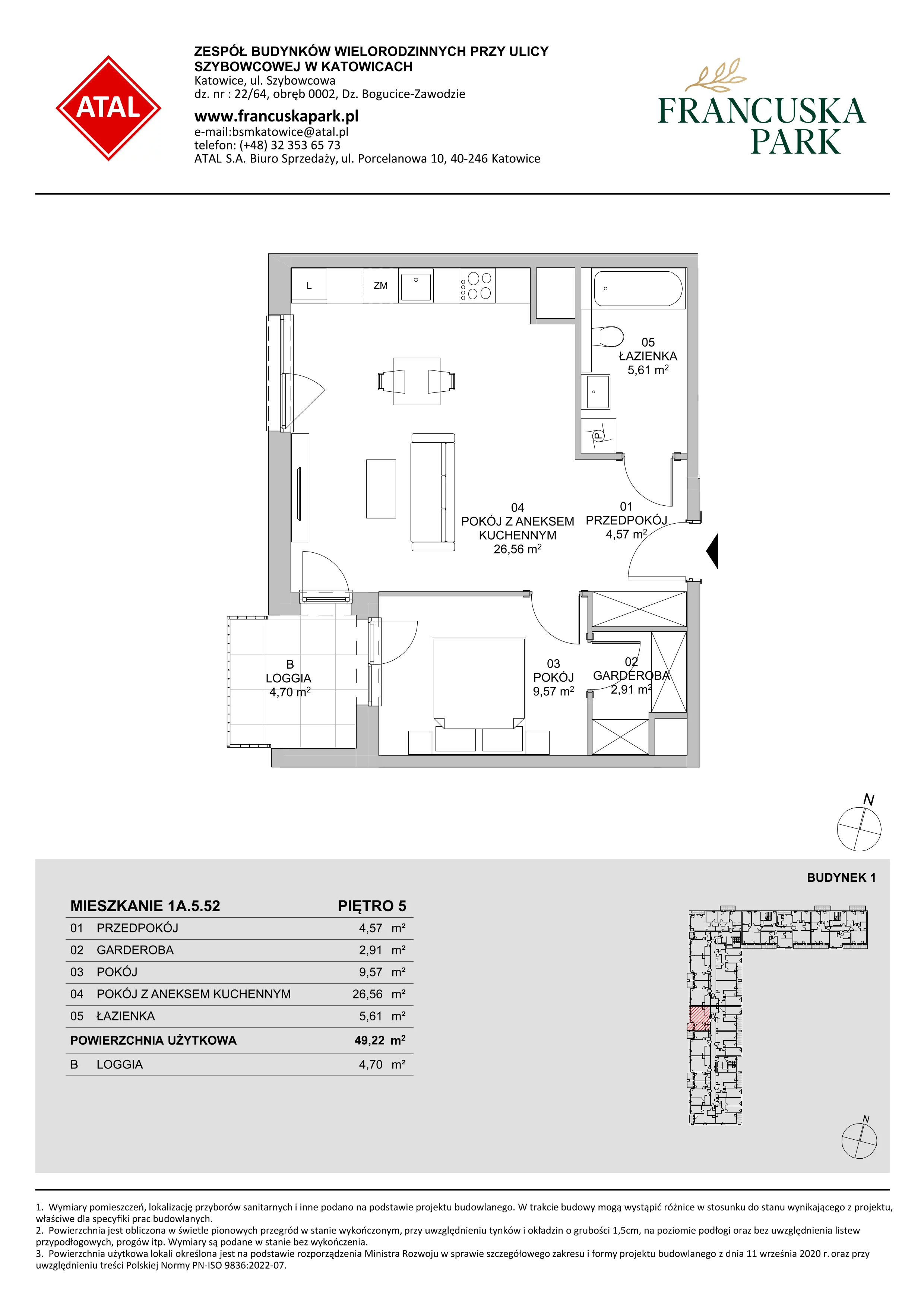 2 pokoje, mieszkanie 49,13 m², piętro 5, oferta nr 1A.5.52, Francuska Park VIIIB, Katowice, Osiedle Paderewskiego-Muchowiec, Muchowiec, ul. Szybowcowa