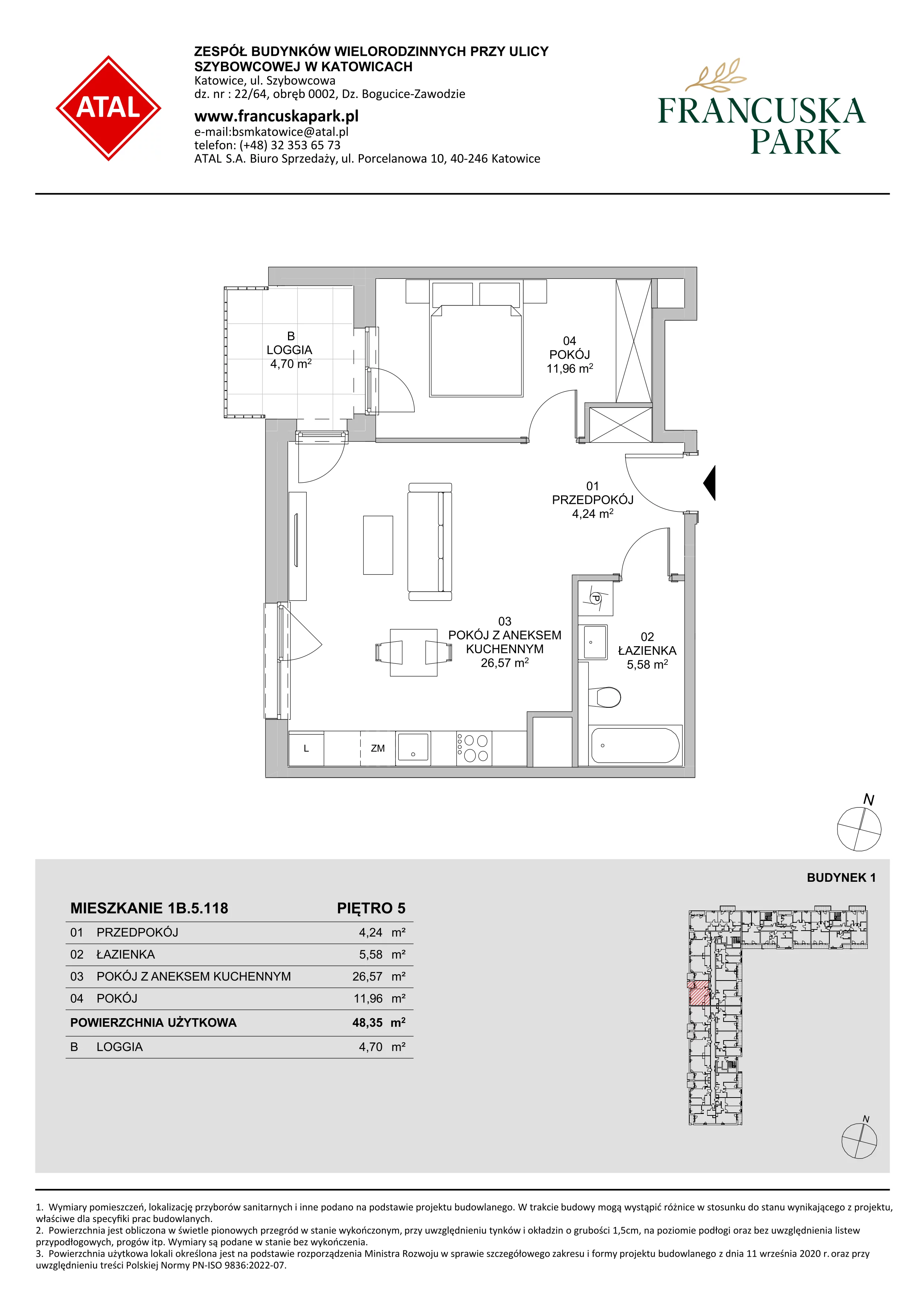 2 pokoje, mieszkanie 48,26 m², piętro 5, oferta nr 1B.5.118, Francuska Park VIIIB, Katowice, Osiedle Paderewskiego-Muchowiec, Muchowiec, ul. Szybowcowa