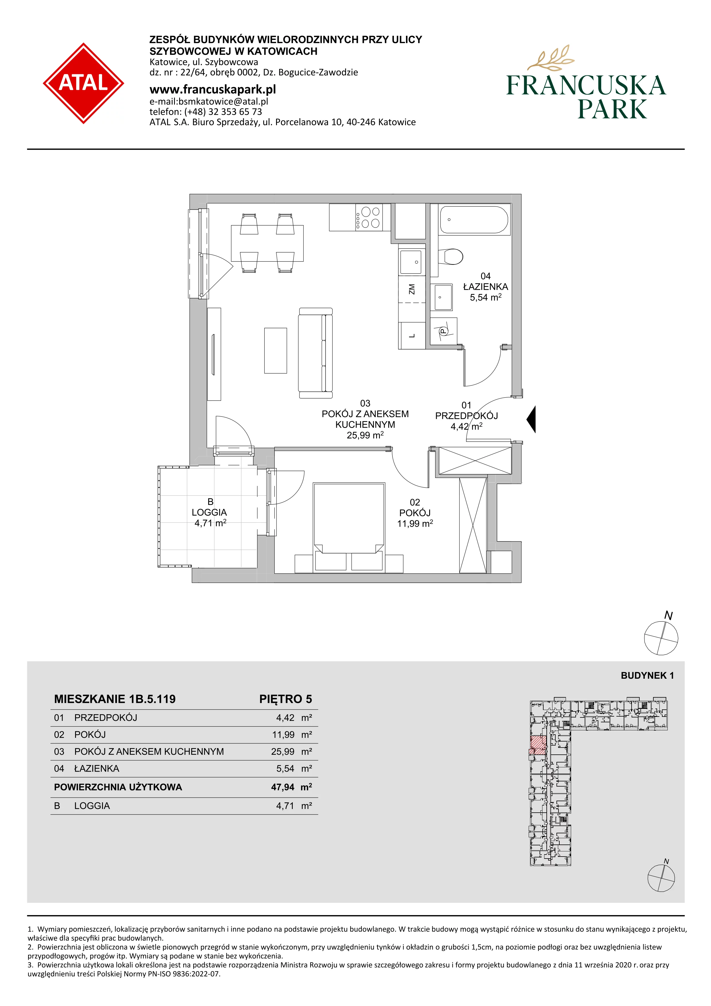 2 pokoje, mieszkanie 47,86 m², piętro 5, oferta nr 1B.5.119, Francuska Park VIIIB, Katowice, Osiedle Paderewskiego-Muchowiec, Muchowiec, ul. Szybowcowa