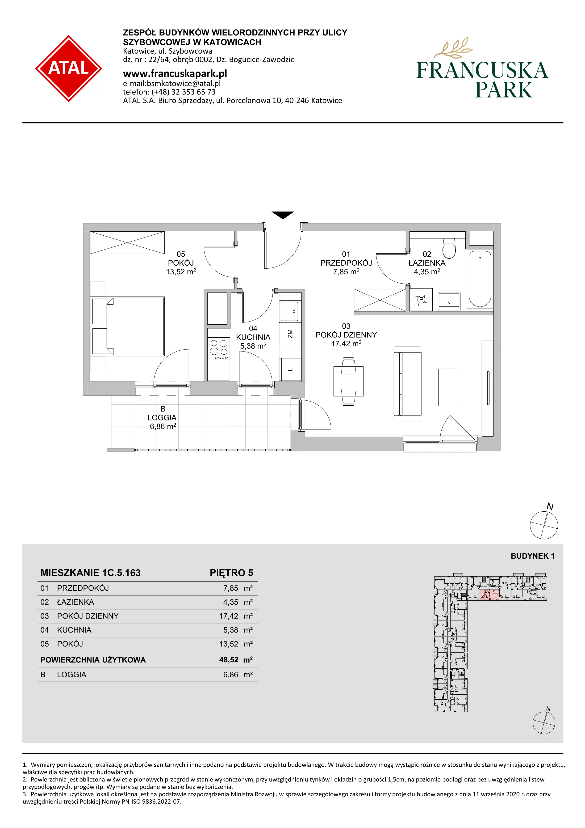 2 pokoje, mieszkanie 48,52 m², piętro 5, oferta nr 1C.5.163, Francuska Park VIIIB, Katowice, Osiedle Paderewskiego-Muchowiec, Muchowiec, ul. Szybowcowa