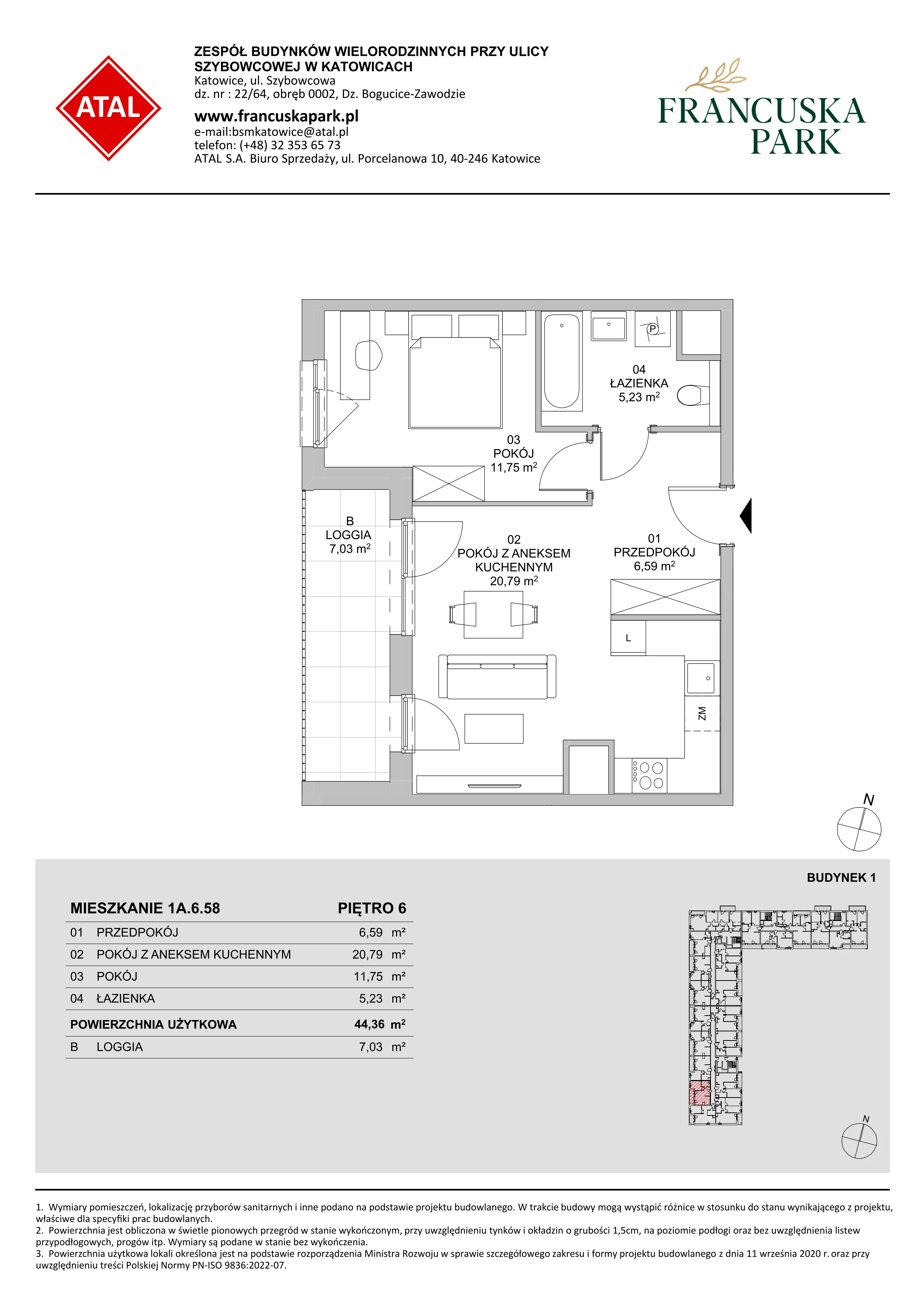 2 pokoje, mieszkanie 44,36 m², piętro 6, oferta nr 1A.6.58, Francuska Park VIIIB, Katowice, Osiedle Paderewskiego-Muchowiec, Muchowiec, ul. Szybowcowa
