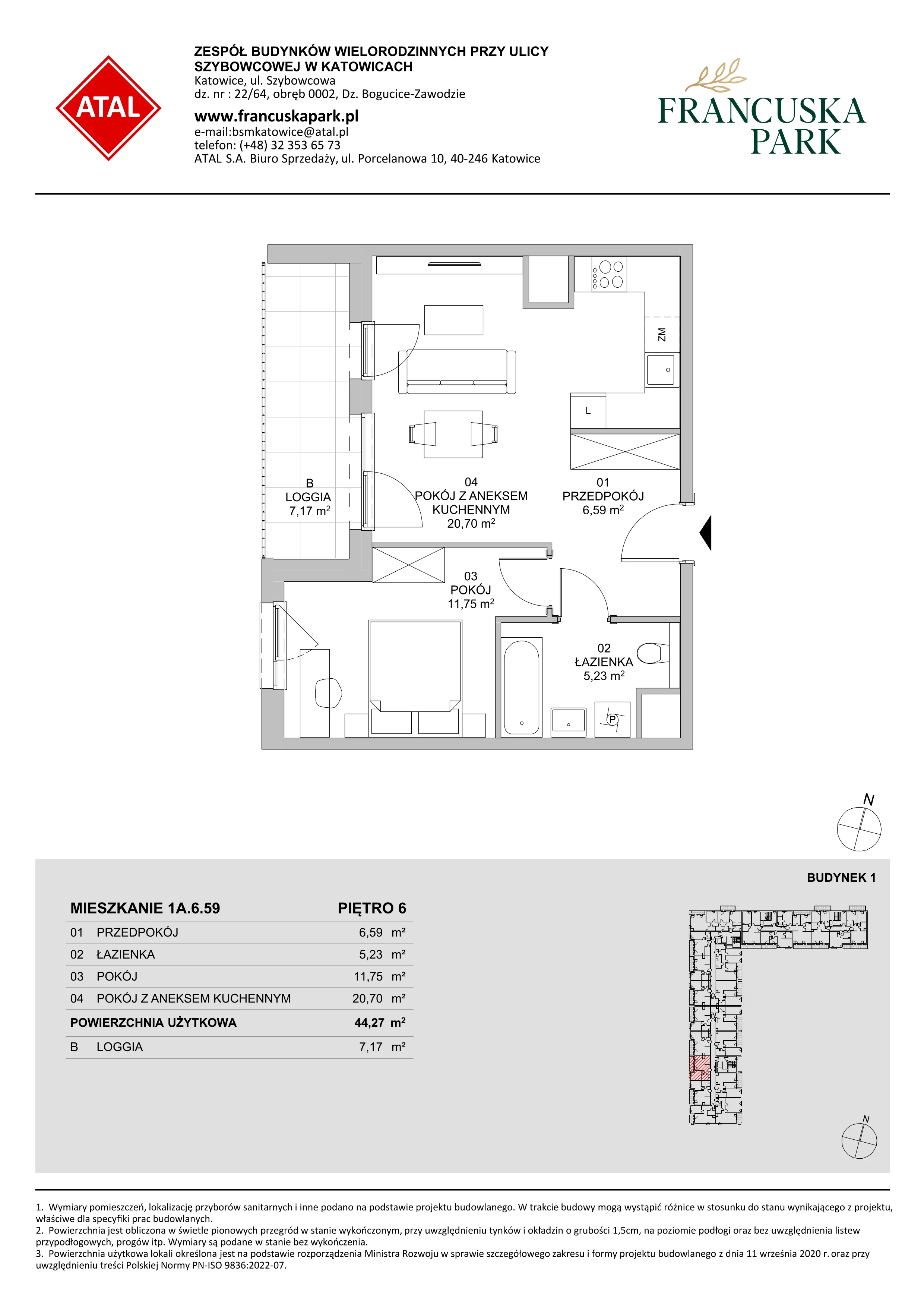 2 pokoje, mieszkanie 44,27 m², piętro 6, oferta nr 1A.6.59, Francuska Park VIIIB, Katowice, Osiedle Paderewskiego-Muchowiec, Muchowiec, ul. Szybowcowa